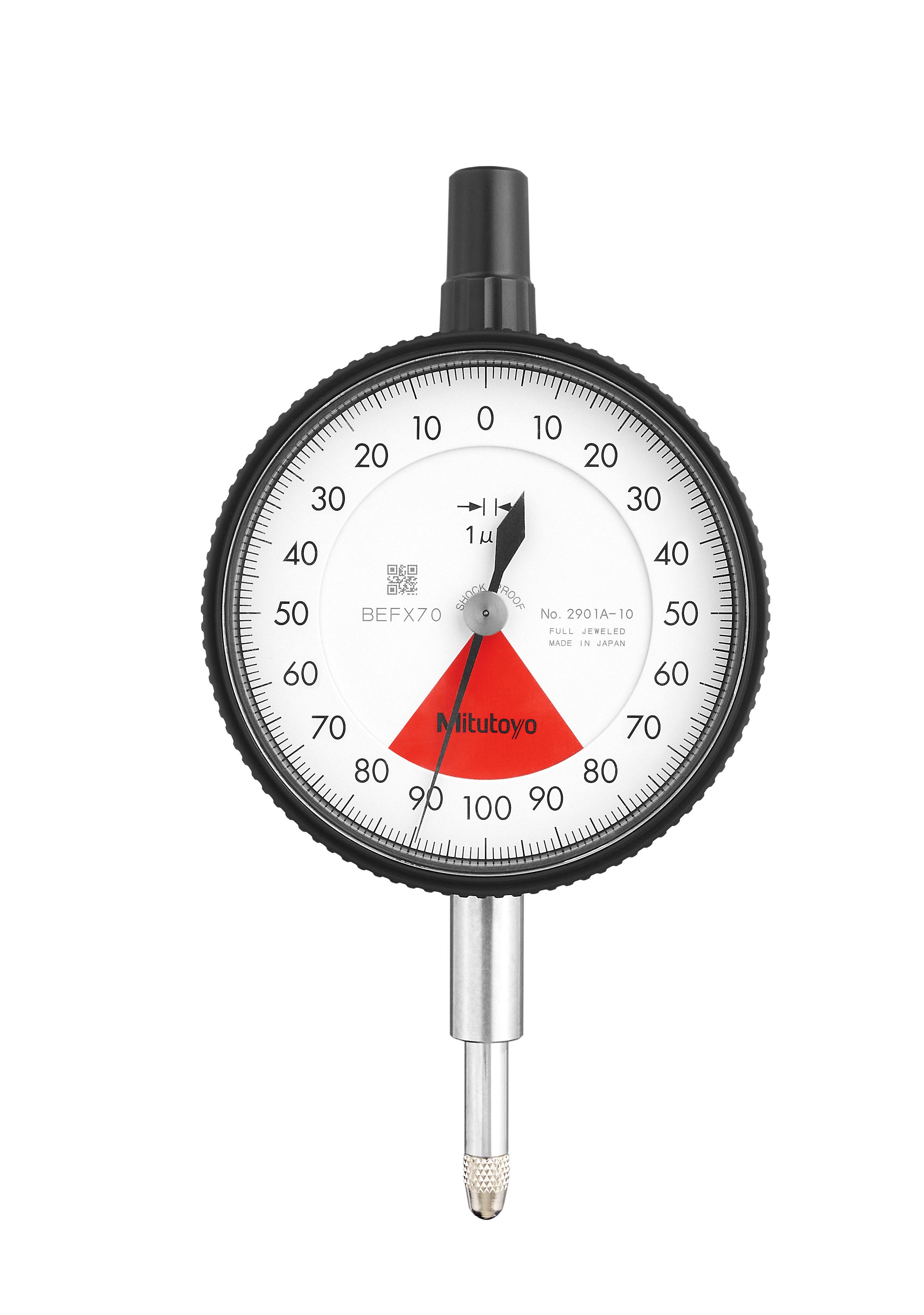 Mitutoyo, 2901A-10, 0.001mm, 0.16mm/0.2mm, Dial Indicator, 80-0-80, Lug Back, 8mm stem, Series 2, One Rev, Shockproof, Jeweled