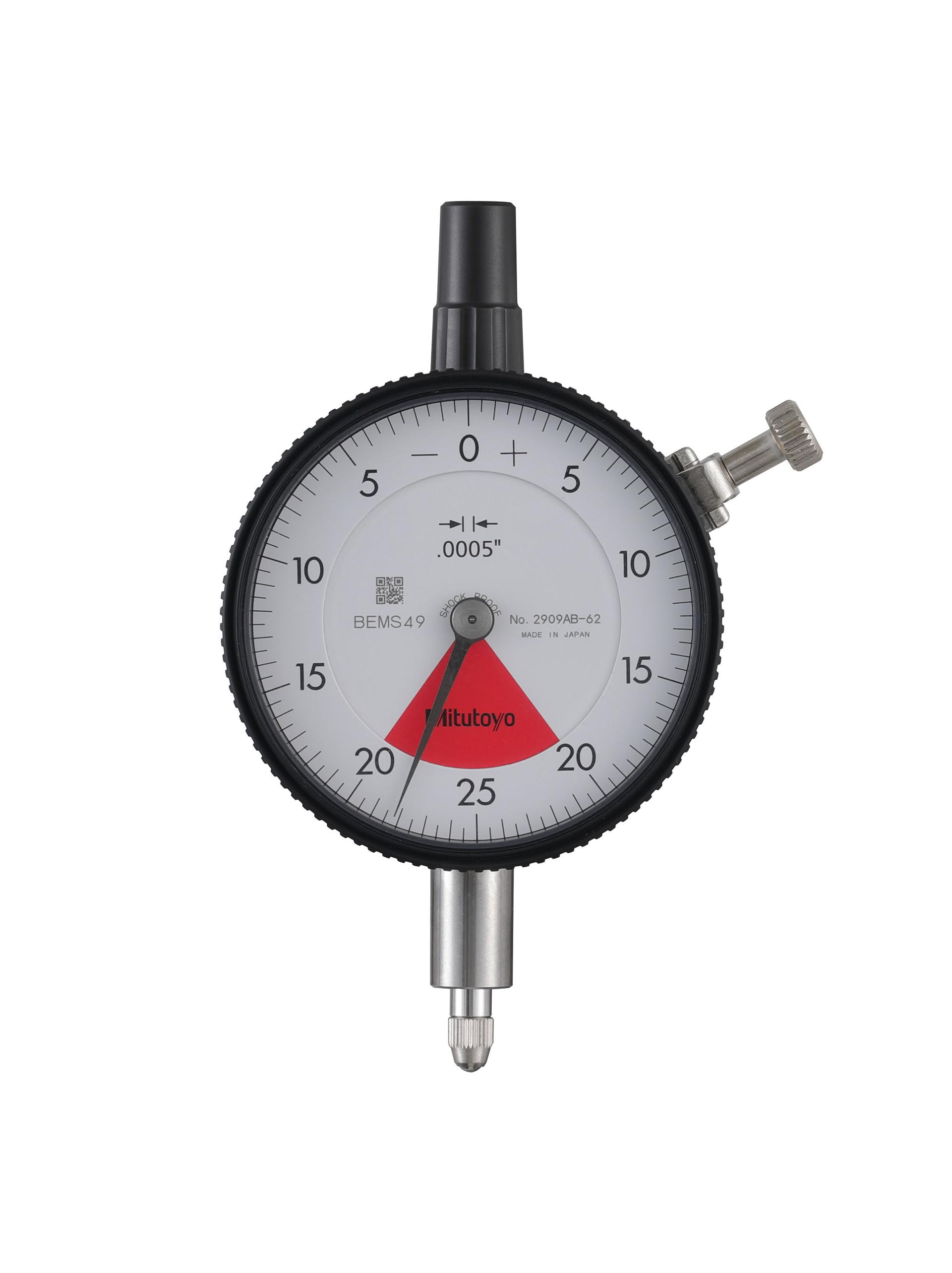 Mitutoyo, 2909AB-62, .0005 In, .04 In/.05 In, Dial Indicator,20-0-20, Flat Back, 3/8 In stem, Series 2, Shockproof, Dustproof,