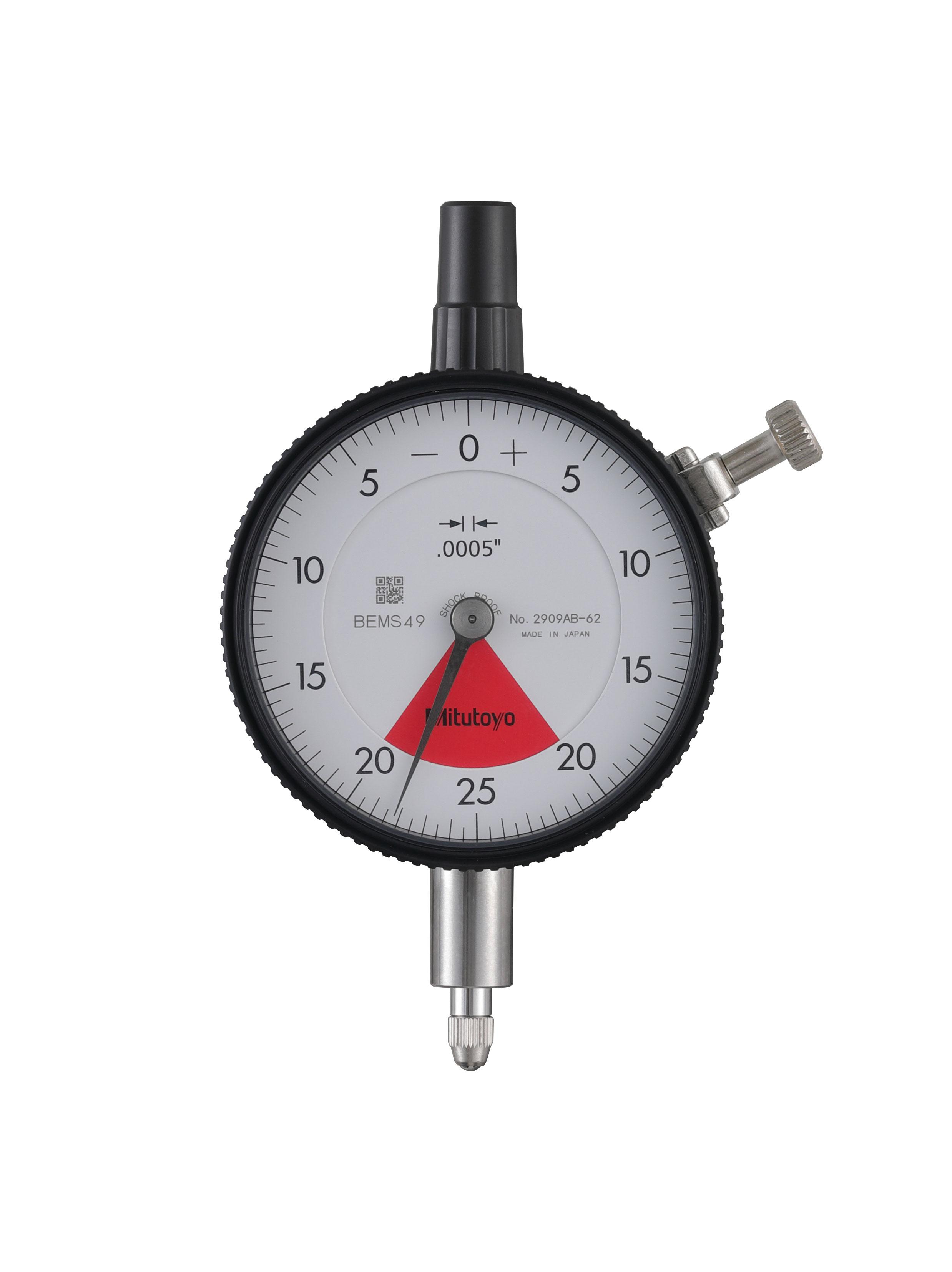 Mitutoyo, 2909AB-62, .0005 In, .04 In/.05 In, Dial Indicator,20-0-20, Flat Back, 3/8 In stem, Series 2, Shockproof, Dustproof,