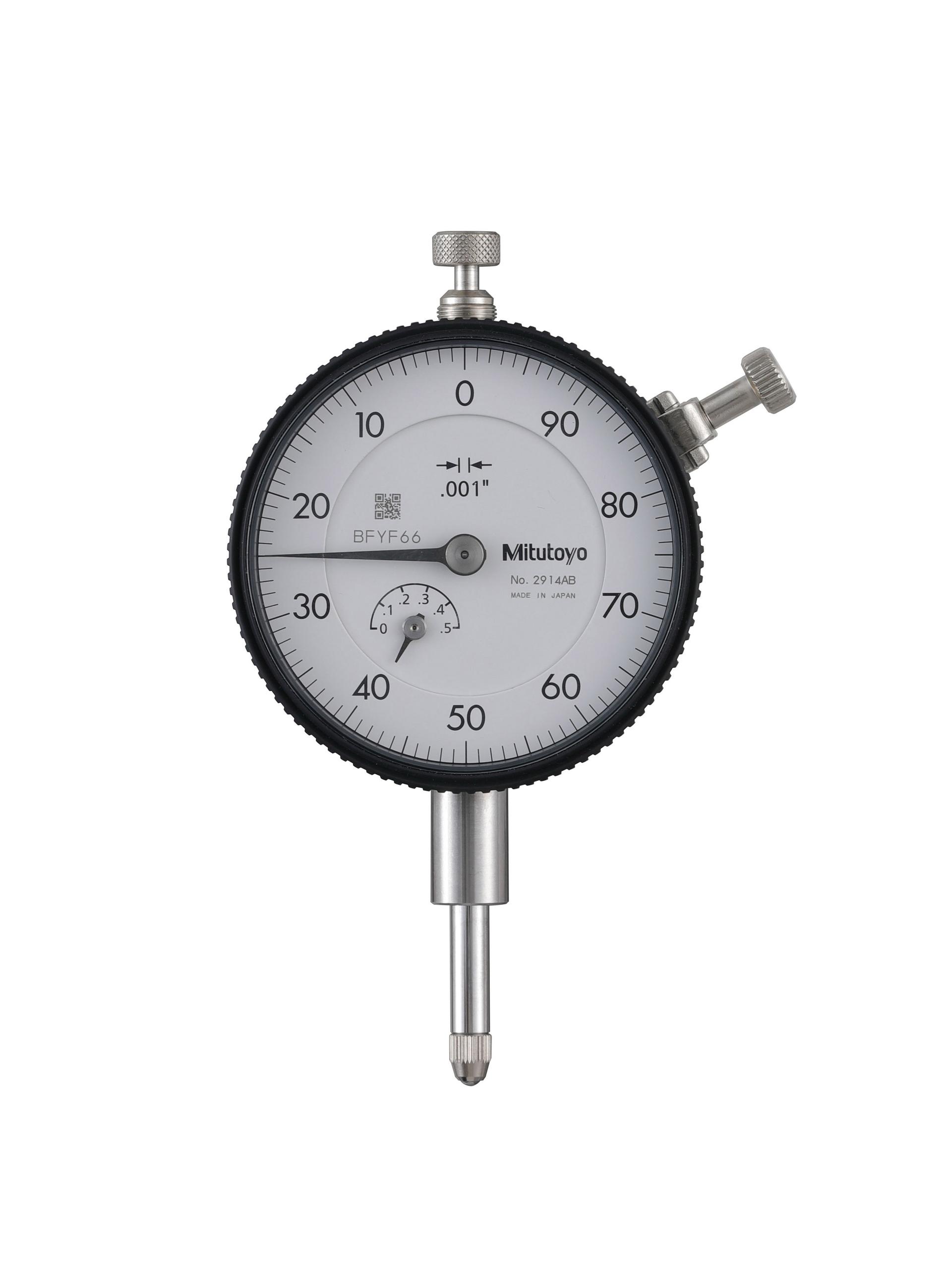 Mitutoyo, 2914AB, .001 In, .5 In Dial Indicator, 100-0 Flat back, 3/8 In Stem Dia. Series 2,  .1 Rev