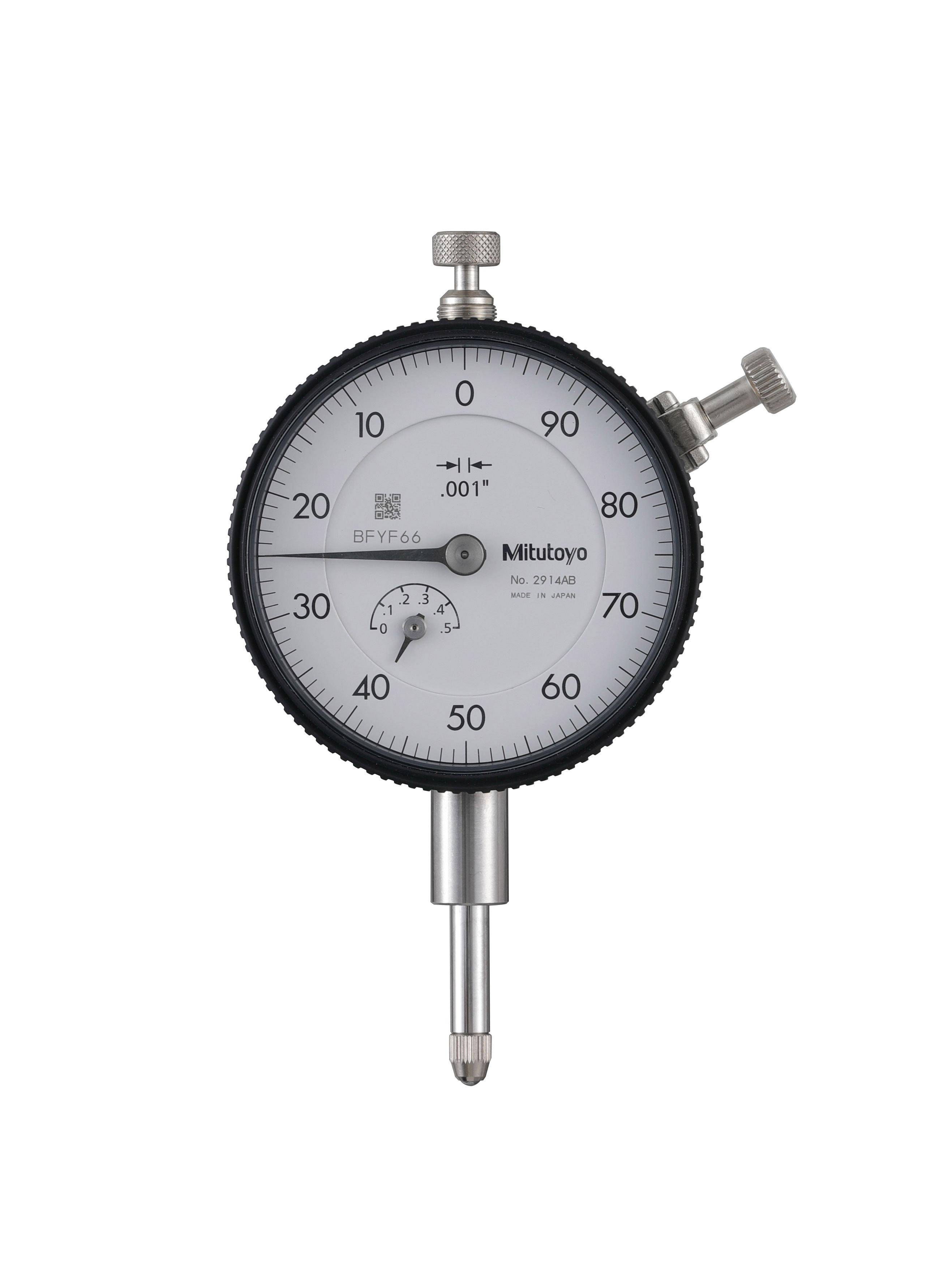 Mitutoyo, 2914AB, .001 In, .5 In Dial Indicator, 100-0 Flat back, 3/8 In Stem Dia. Series 2,  .1 Rev