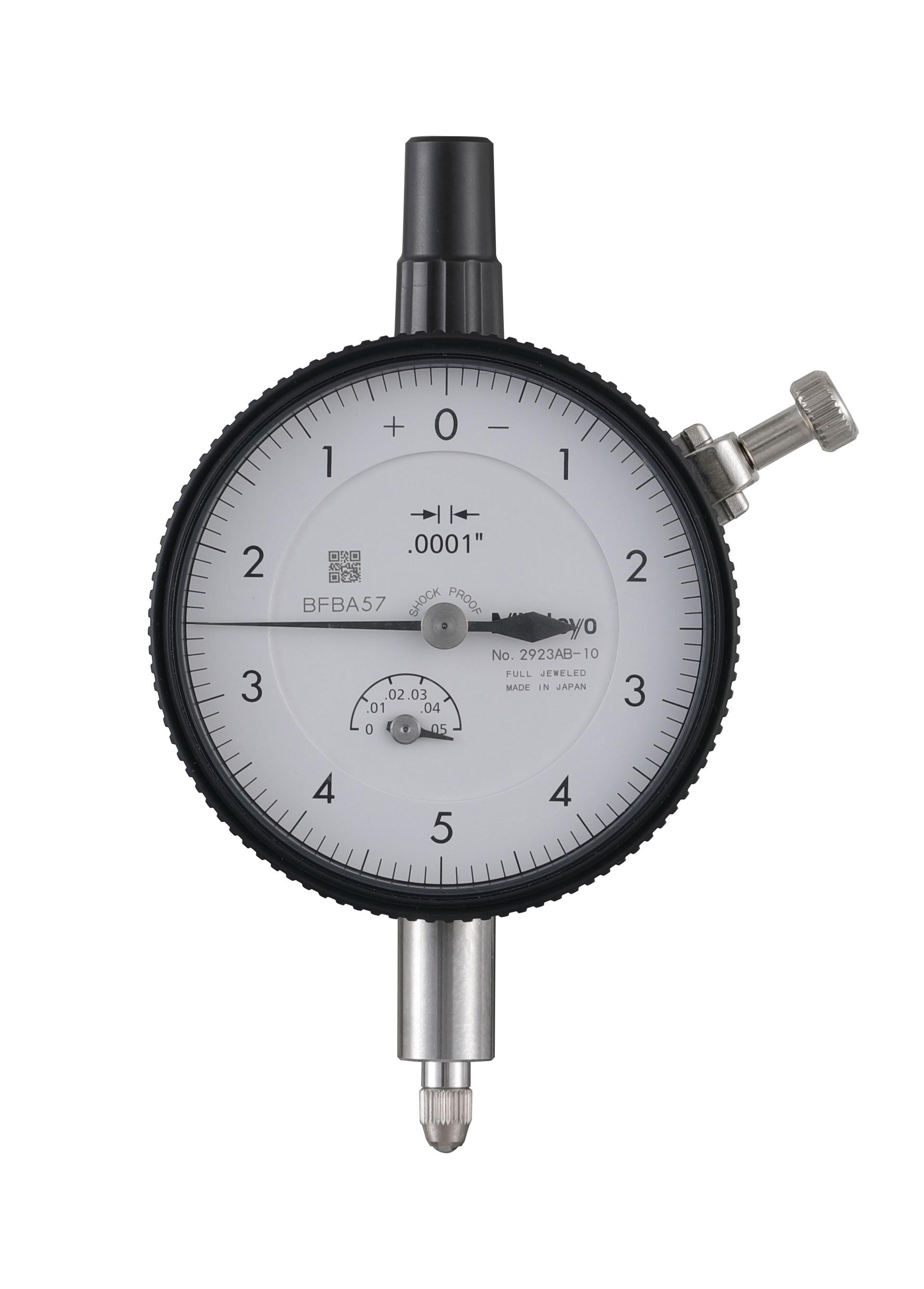 Mitutoyo, 2923AB-10, .0001 In,  .05 In/(.01 per rev) Dial Indicator, 0-5-0, Flat Back, Series 2, 3/8 In stem, Jeweled, Reverse Read