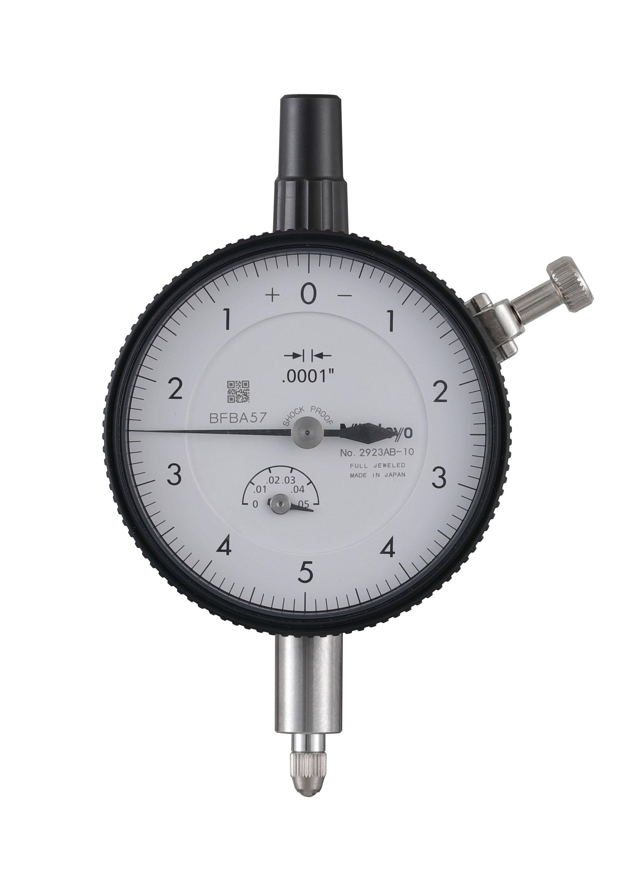 Mitutoyo, 2923AB-10, .0001 In,  .05 In/(.01 per rev) Dial Indicator, 0-5-0, Flat Back, Series 2, 3/8 In stem, Jeweled, Reverse Read
