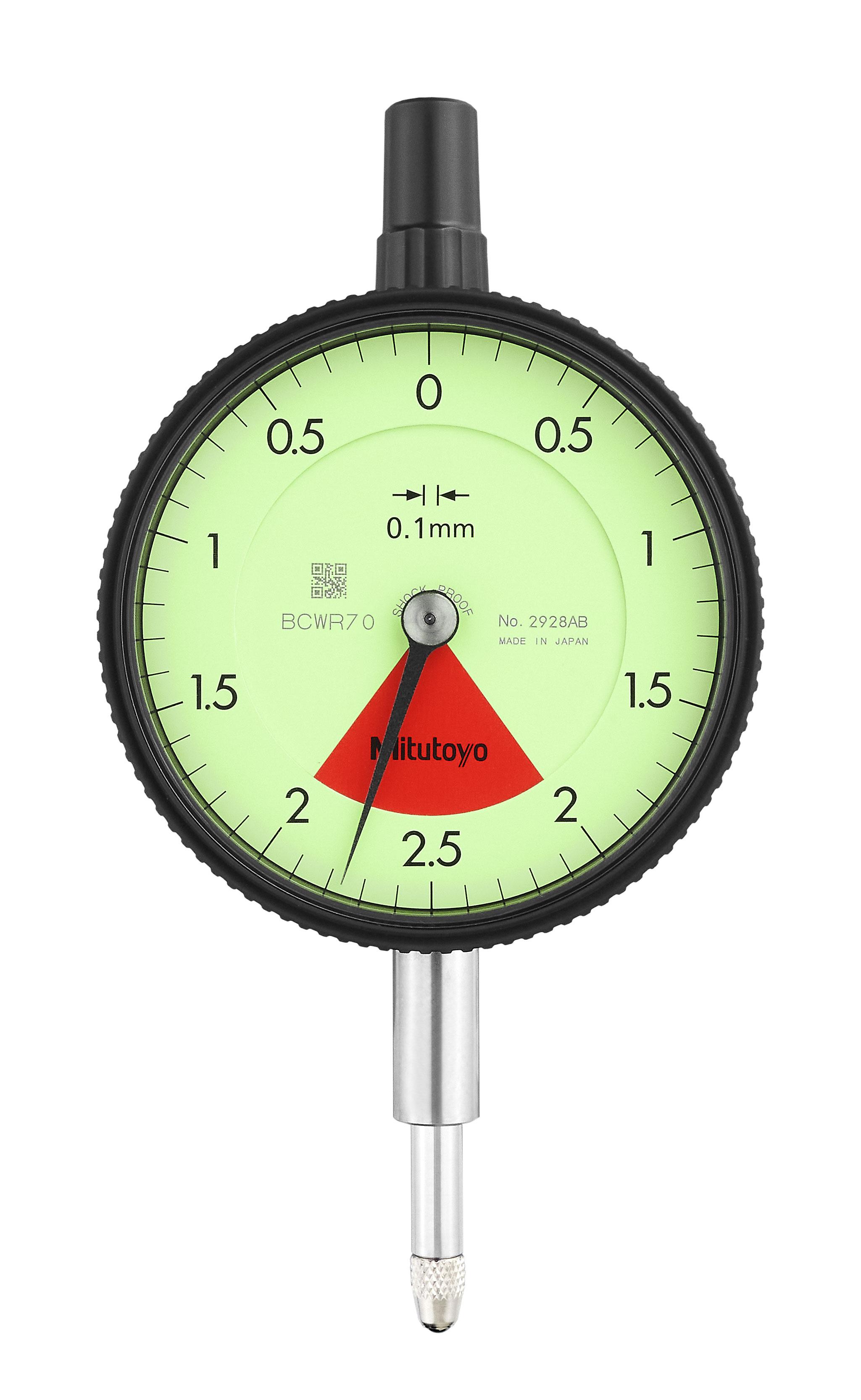 Mitutoyo, 2928AB, 0.1mm, 4mm/10mm, Dial Indicator, 2-0-2, Flat Back, 8mm stem, Series 2, One Rev, Shockproof
