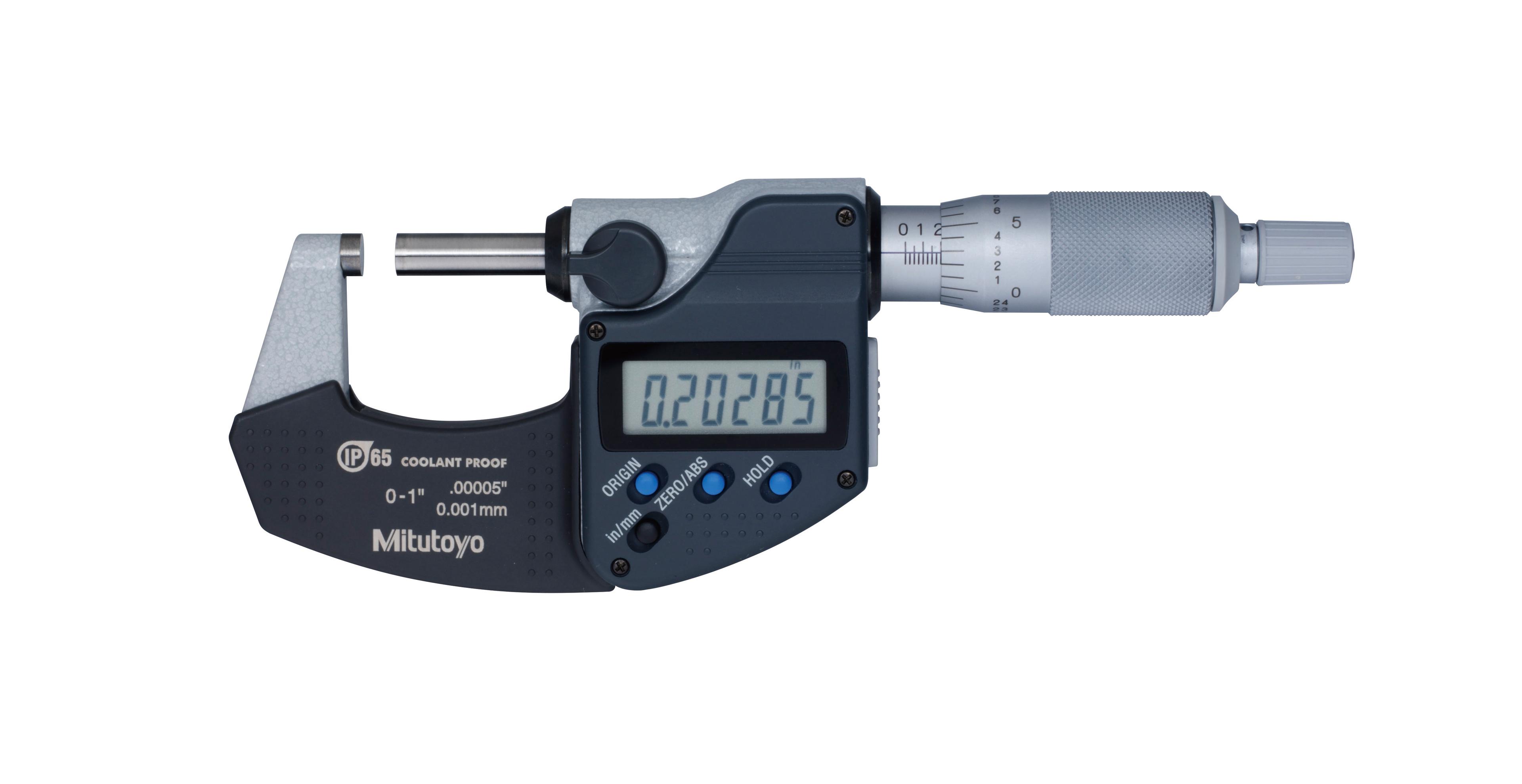 Mitutoyo, 293-330-30, 0-1 In/0-25.4mm, .00005 In/0.001mm IP65 Digimatic Outside Micrometer, With SPC Data Output, Ratchet Stop