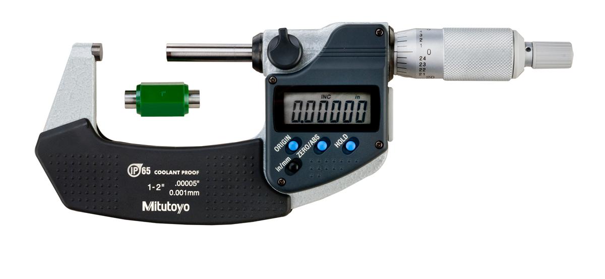 Mitutoyo, 293-331-30, 1-2 In/25.4-50.8mm, .00005 In/0.001mm IP65 Digimatic Outside Micrometer, With SPC Data Output, Ratchet Stop, With Standard