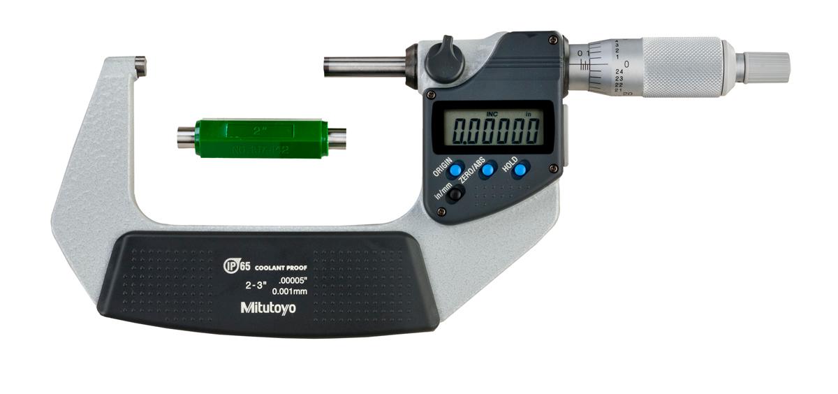 Mitutoyo, 293-332-30, 2-3 In/50.8-76.2mm, .00005 In/0.001mm IP65 Digimatic Outside Micrometer, With SPC Data Output, Ratchet Stop, With Standard