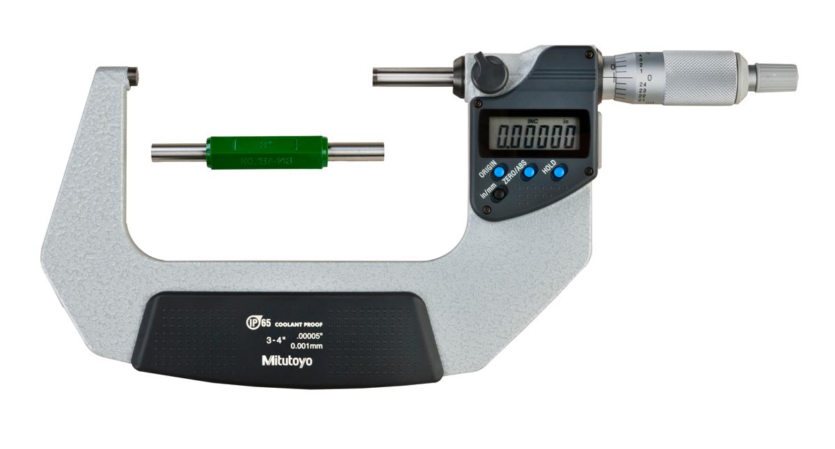 Mitutoyo, 293-333-30, 3-4 In/76.2-101.6mm, .00005 In/0.001mm IP65 Digimatic Outside Micrometer, With SPC Data Output, Ratchet Stop, With Standard