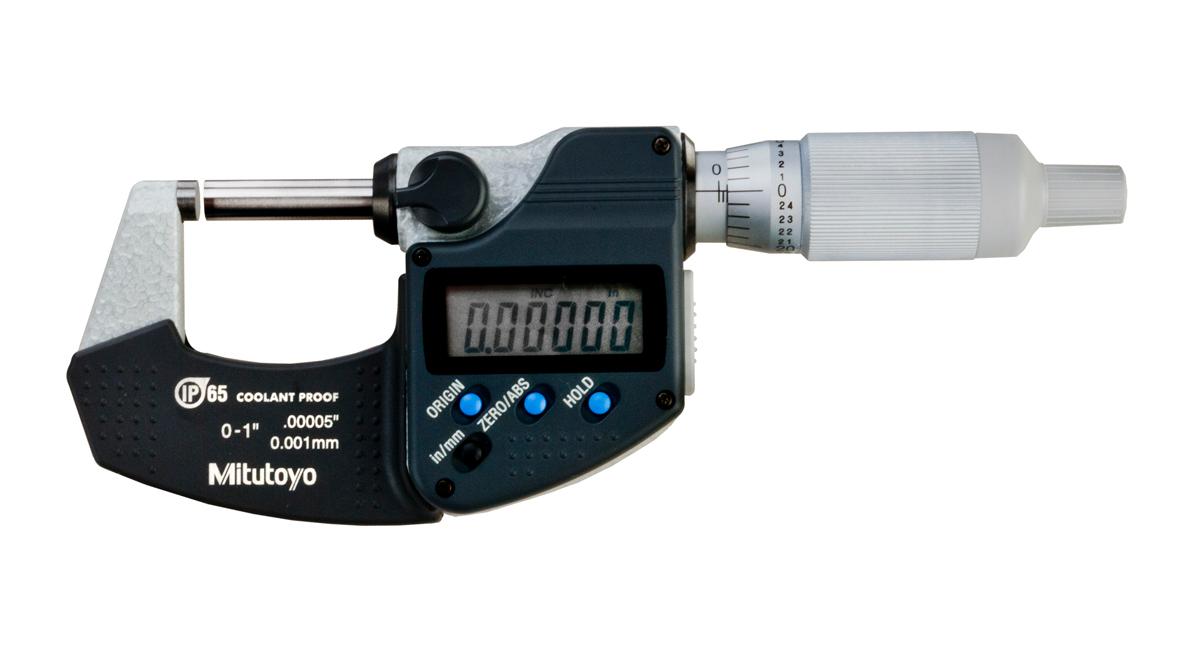 Mitutoyo, 293-334-30, 0-1 In/0-25.4mm, .00005 In/0.001mm IP65 Digimatic Outside Micrometer, With SPC Data Output, Ratchet Thimble