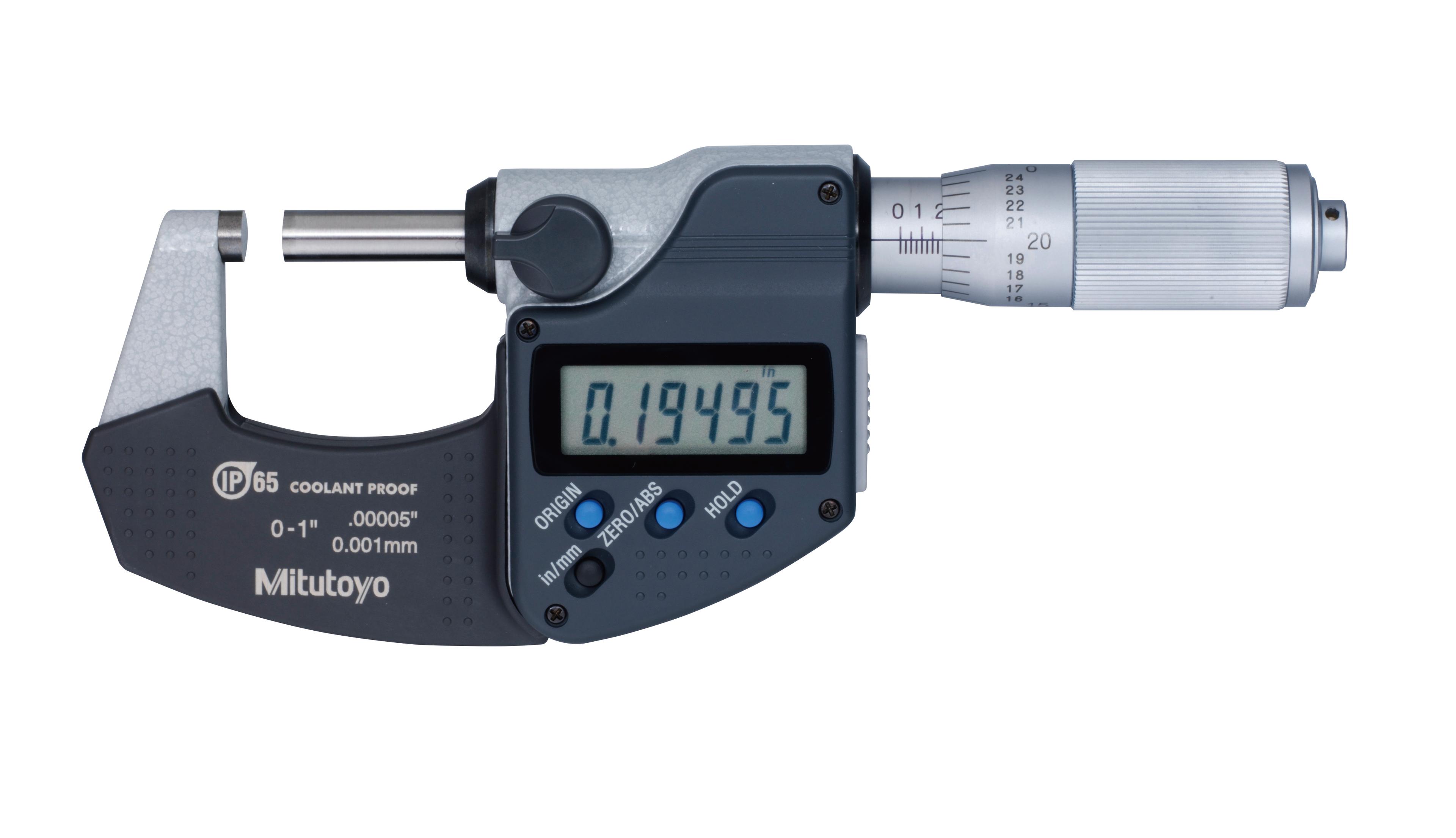 Mitutoyo, 293-335-30, 0-1 In/0-25.4mm, .00005 In/0.001mm IP65 Digimatic Outside Micrometer, With SPC Data Output, Friction Thimble