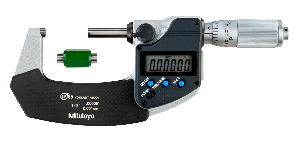 Mitutoyo, 293-336-30, 1-2 In/25.4-50.8mm, .00005 In/0.001mm IP65 Digimatic Outside Micrometer, With SPC Data Output, Friction, With Standard