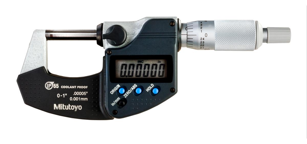 Mitutoyo, 293-340-30, 0-1 In/0-25.4mm, .00005 In/0.001mm IP65 Digimatic Outside Micrometer, No Output, Ratchet Stop