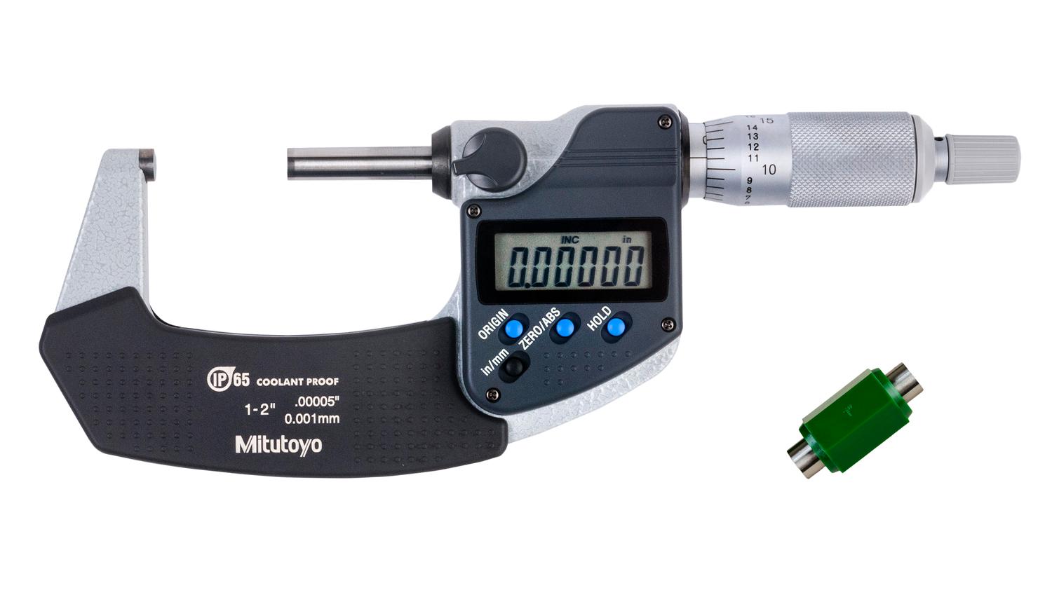 Mitutoyo, 293-341-30, 1-2 In/25.4-50.8mm, .00005 In/0.001mm IP65 Digimatic Outside Micrometer, No Output, Ratchet Stop, With Standard