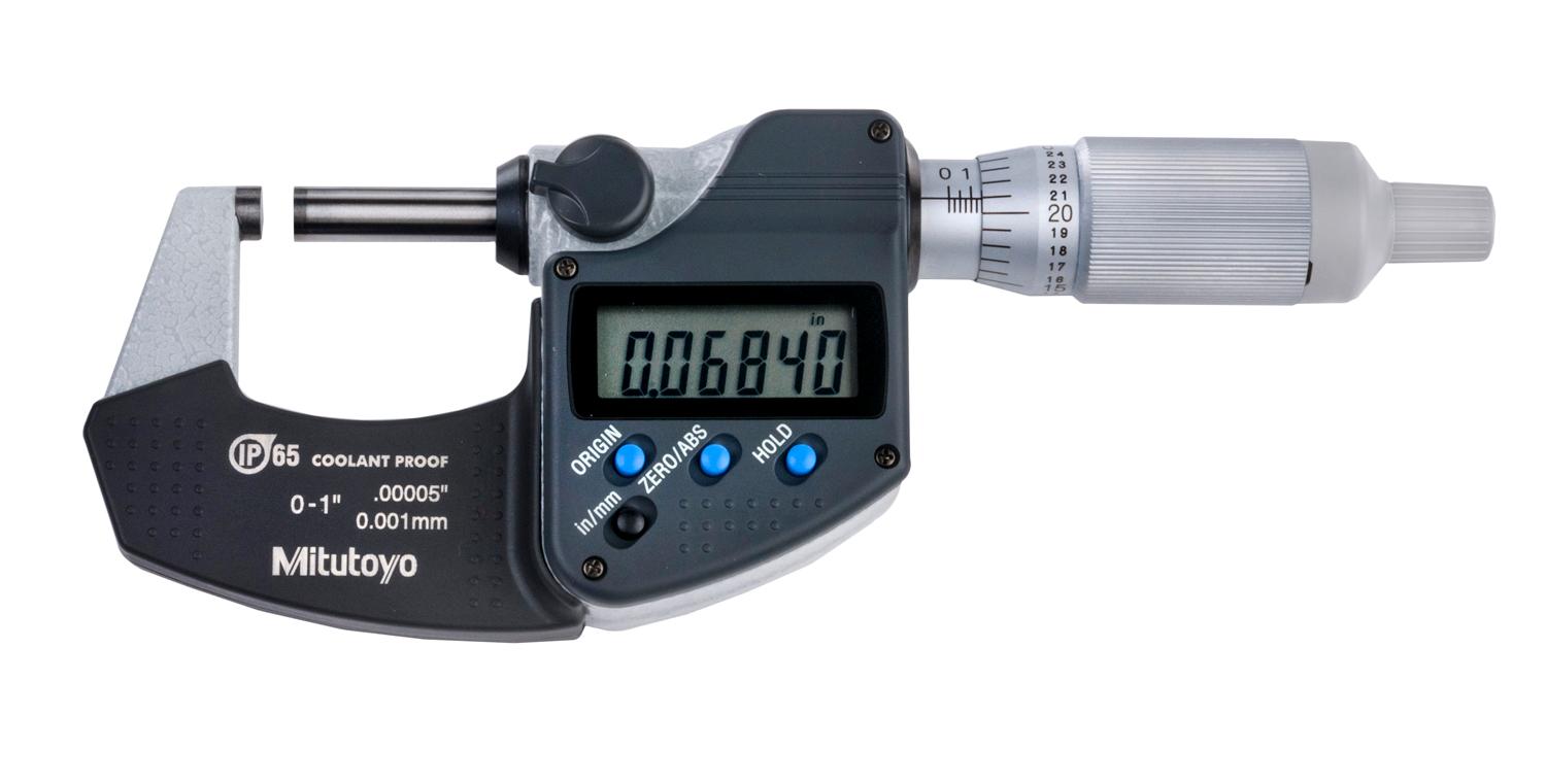 Mitutoyo, 293-344-30, 0-1 In/0-25.4mm, .00005 In/0.001mm IP65 Digimatic Outside Micrometer, No Output, Ratchet Thimble