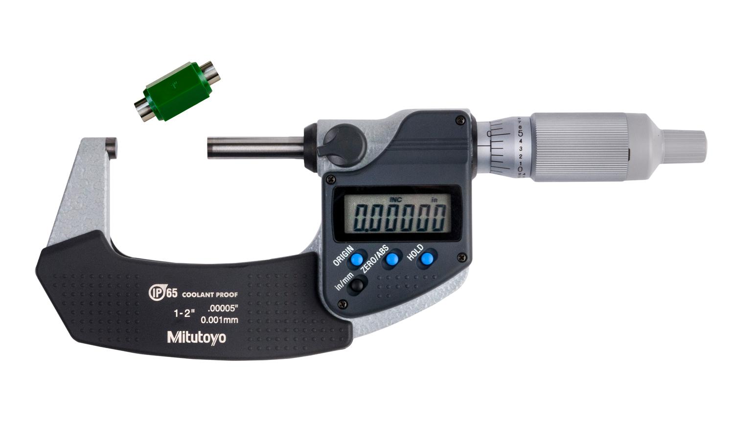 Mitutoyo, 293-345-30, 1-2 In/25.4-50.8mm, .00005 In/0.001mm IP65 Digimatic Outside Micrometer, No Output, Ratchet Thimble, With Standard