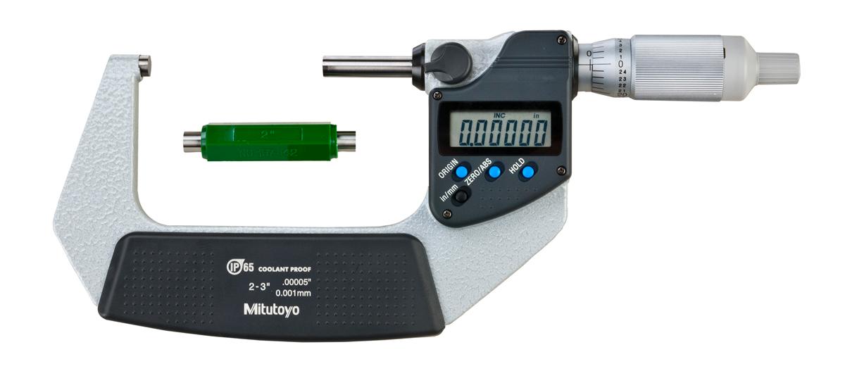 Mitutoyo, 293-346-30, 2-3 In/50.8-76.2mm, .00005 In/0.001mm IP65 Digimatic Outside Micrometer, No Output, Ratchet Thimble, With Standard