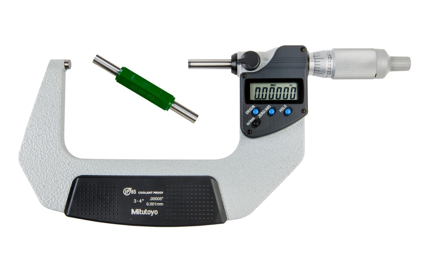 Mitutoyo, 293-347-30, 3-4 In/76.2-101.6mm, .00005 In/0.001mm IP65 Digimatic Outside Micrometer, No Output, Ratchet Thimble, With Standard