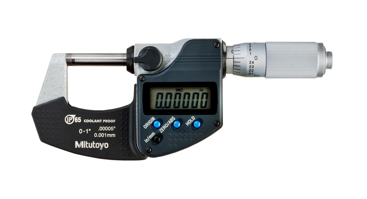 Mitutoyo, 293-348-30, 0-1 In/0-25.4mm, .00005 In/0.001mm IP65 Digimatic Outside Micrometer, No Output, Friction Thimble