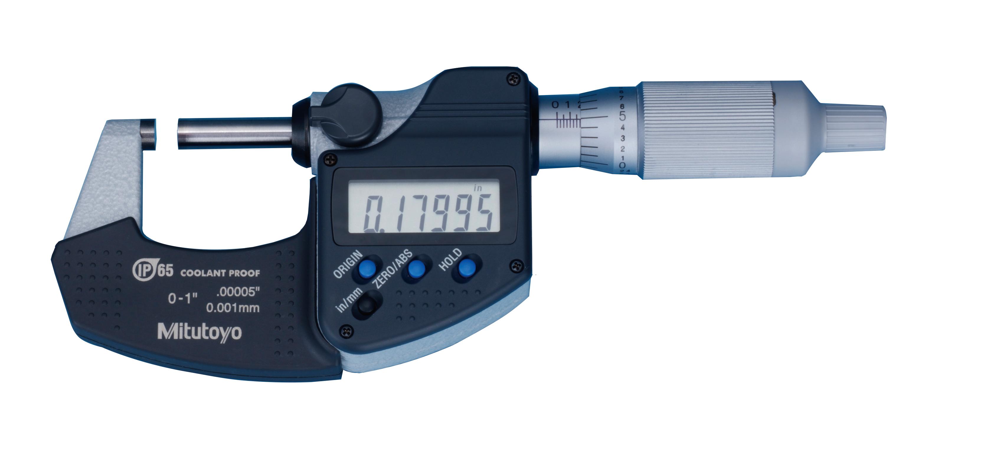 Mitutoyo, 293-349-30, 0-1 In/0-25.4mm, .0001 In/0.001mm IP65 Digimatic Outside Micrometer, No Output, Ratchet Thimble