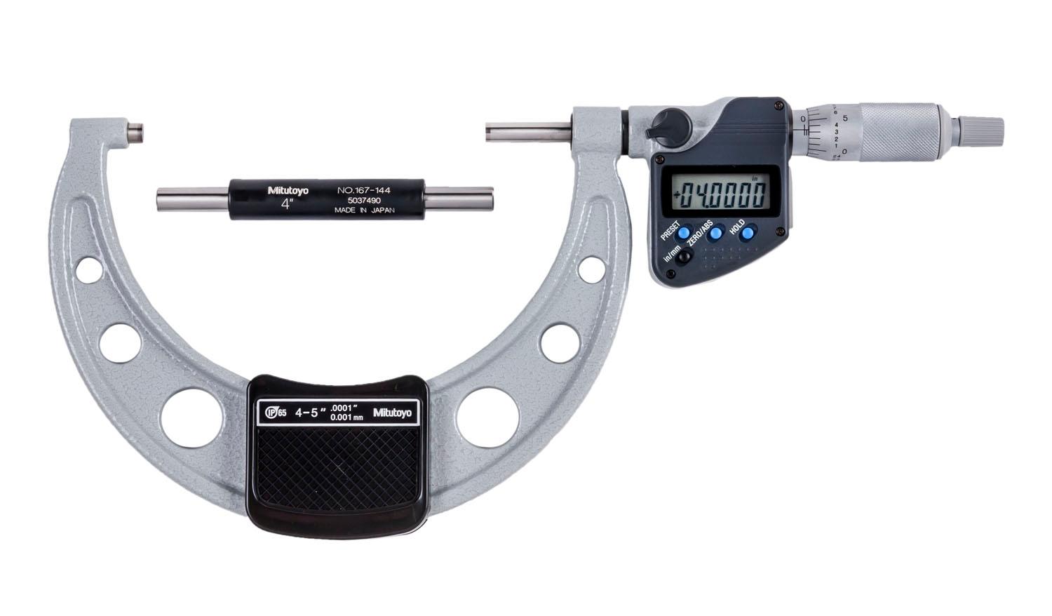 Mitutoyo, 293-350-30, 4-5 In/101.6-127mm, .0001 In/0.001mm IP65 Digimatic Outside Micrometer, With SPC Data Output, Ratchet Stop, With Standard