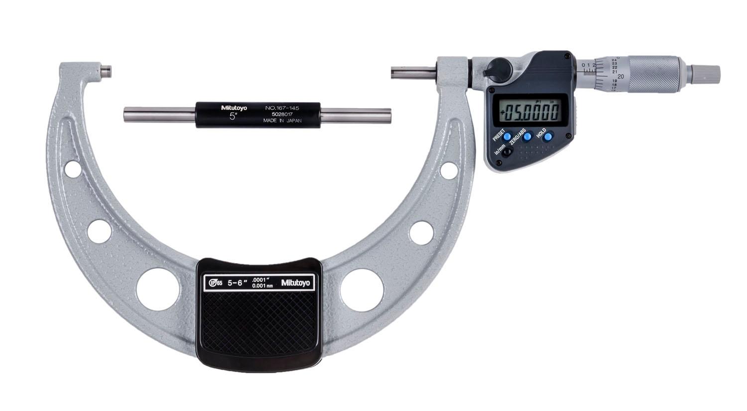 Mitutoyo, 293-351-30, 5-6 In/127-152.4mm, .0001 In/0.001mm IP65 Digimatic Outside Micrometer, With SPC Data Output, Ratchet Stop, With Standard