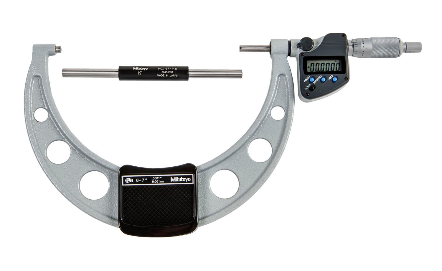 Mitutoyo, 293-352-30, 6-7 In/152.4-177.8mm, .0001 In/0.001mm IP65 Digimatic Outside Micrometer, With SPC Data Output, Ratchet Stop, With Standard