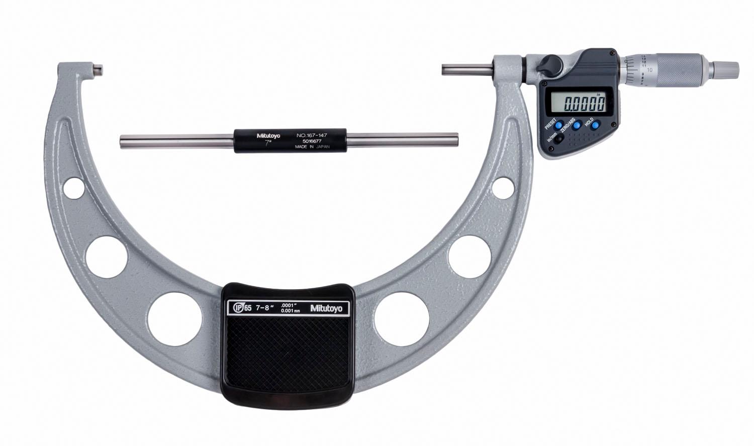 Mitutoyo, 293-353-30, 7-8 In/177.8-203.2mm, .0001 In/0.001mm IP65 Digimatic Outside Micrometer, With SPC Data Output, Ratchet Stop, With Standard