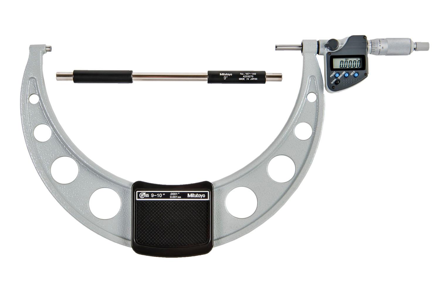 Mitutoyo, 293-355-30, 9-10 In/228.6-254mm, .0001 In/0.001mm IP65 Digimatic Outside Micrometer, With SPC Data Output, Ratchet Stop, With Standard