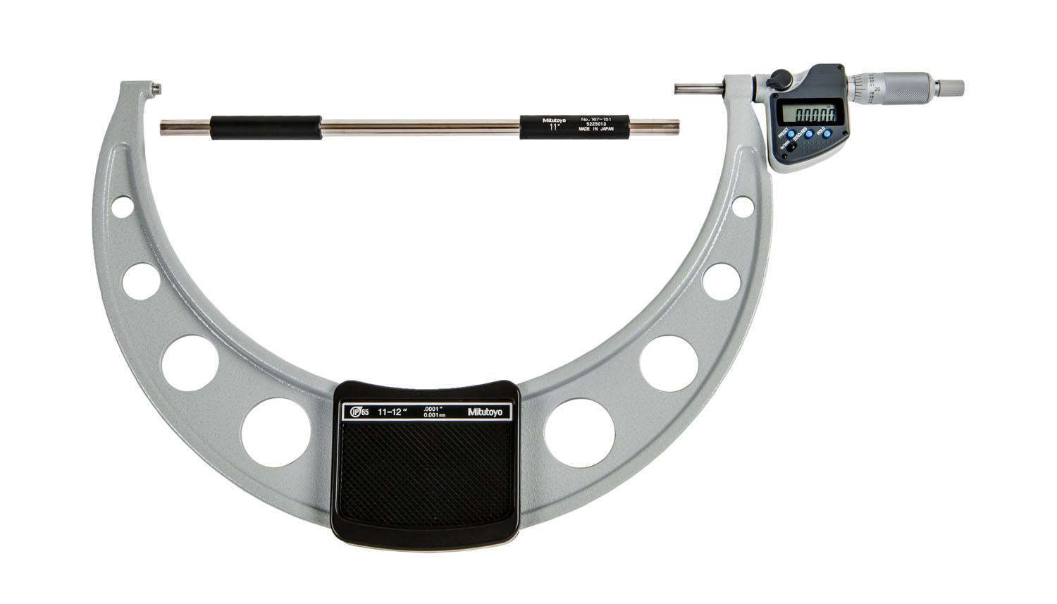 Mitutoyo, 293-357-30, 11-12 In/279.4-304.8mm, .0001 In/0.001mm IP65 Digimatic Outside Micrometer, With SPC Data Output, Ratchet Stop, With Standard