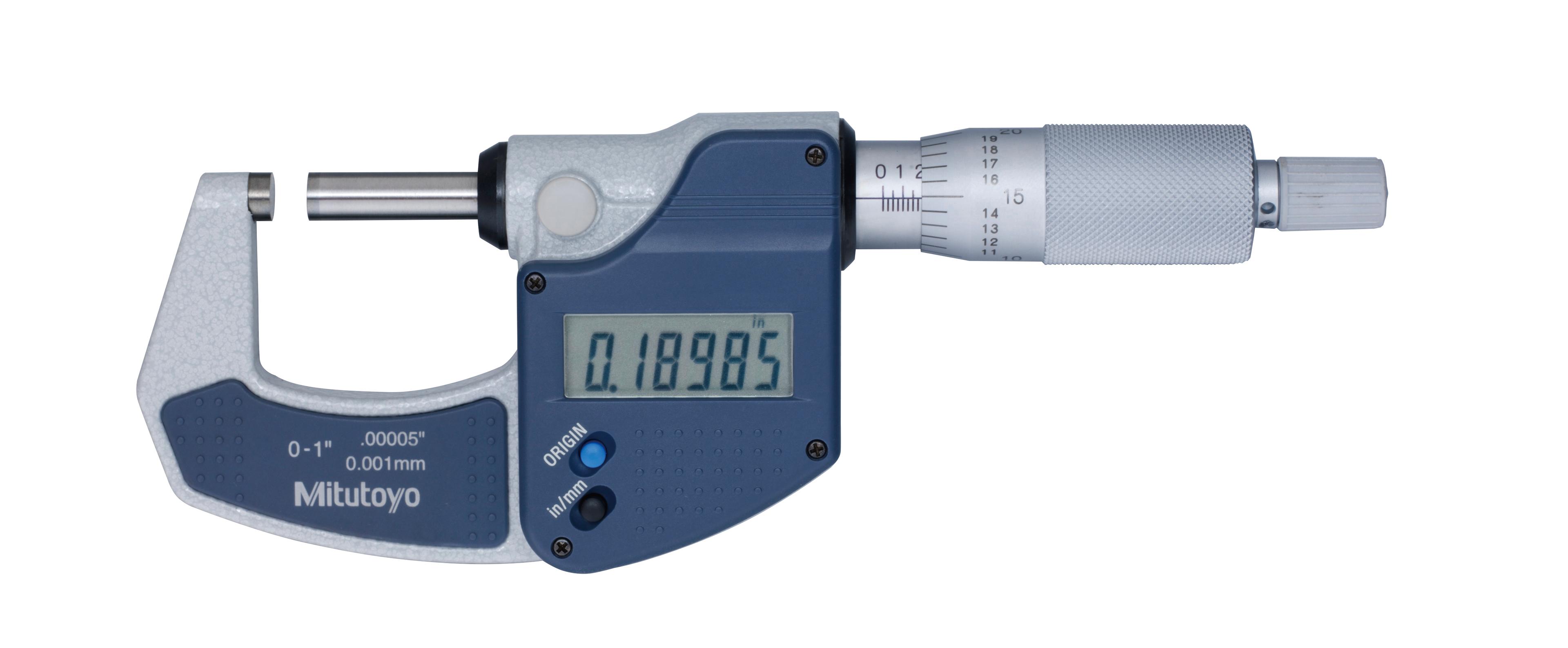 Mitutoyo, 293-831-30, 0-1 In/0-25.4mm,  .00005 In/0.001mm Digimatic Lite Outside Micrometer, No Spindle Clamp, No Output, Ratchet Stop