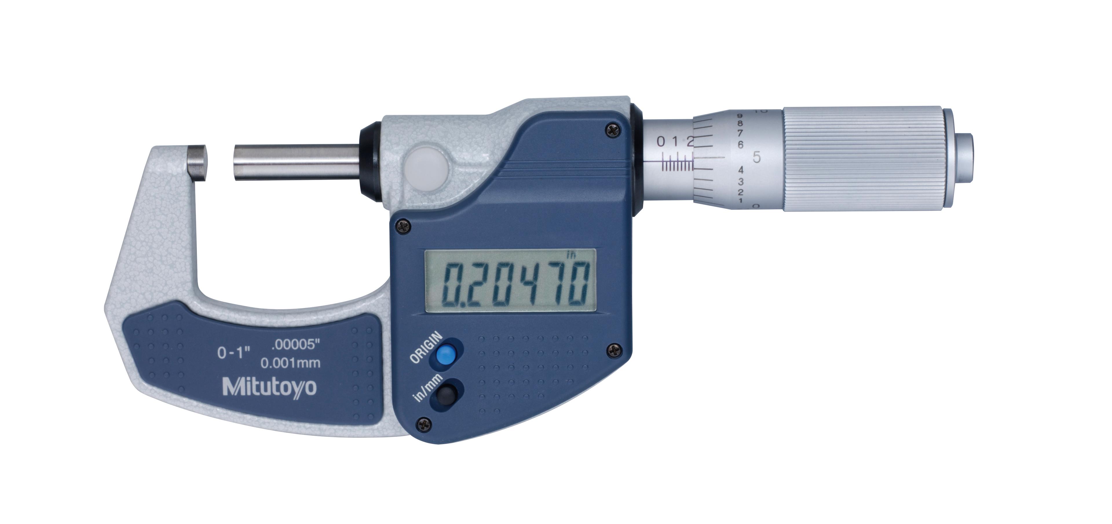 Mitutoyo, 293-832-30, 0-1 In/0-25.4mm,  .00005 In/0.001mm Digimatic Lite Outside Micrometer, No Spindle Clamp, No Output, Friction Thimble