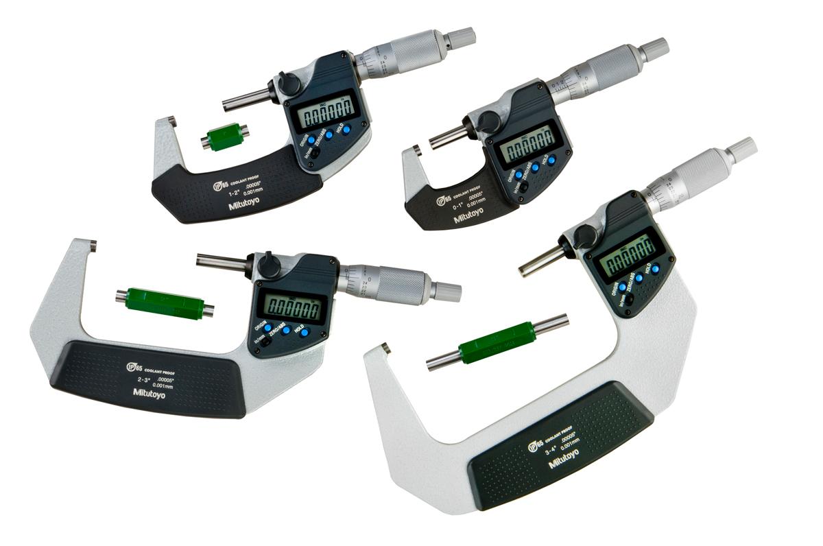 Mitutoyo, 293-961-30, 0-4 In/0-101.6mm, .00005 In/0.001mm, IP65 Digimatic Outside Micrometer Set, 4 Micrometers, 3 Standard Bars, With SPC Data Output, Ratchet Stop