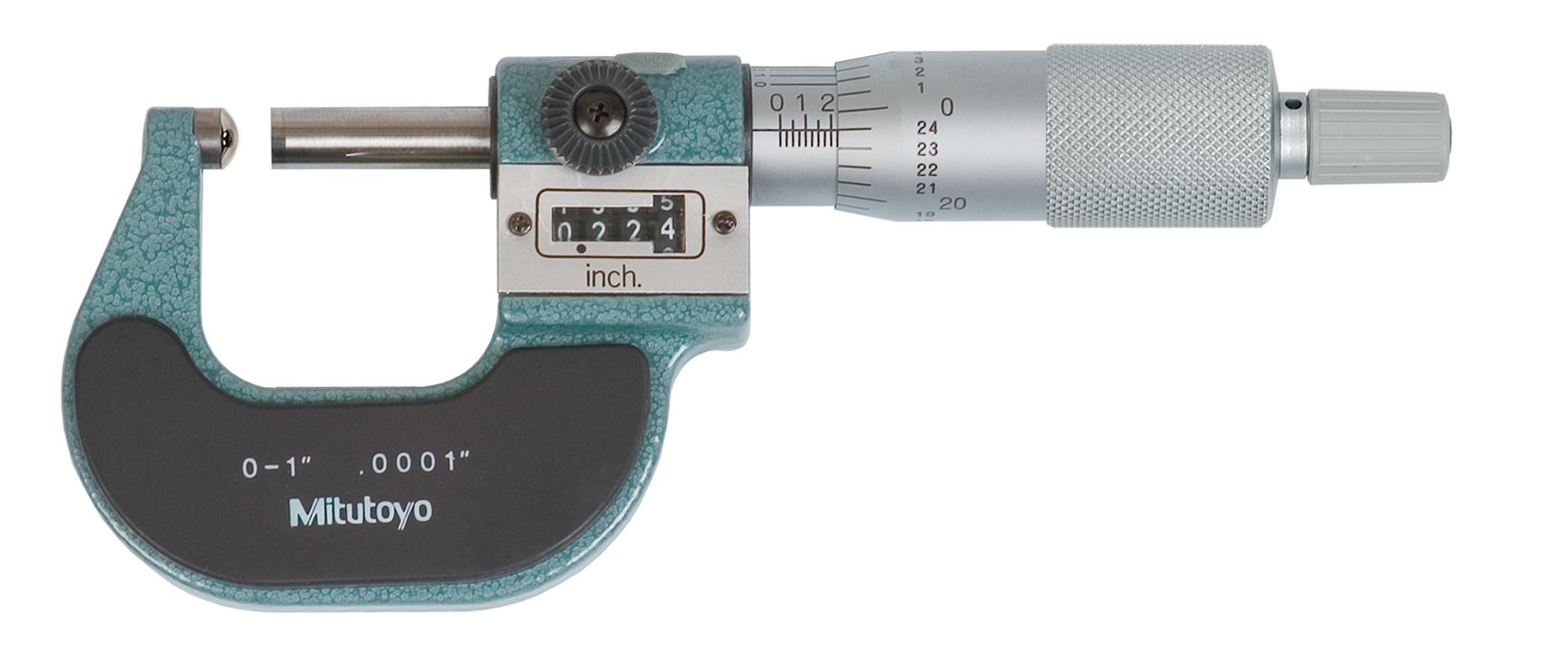 Mitutoyo, 295-153, 0-1 In, .0001 In, Digit Counter Spherical Face Micrometer, Carbide Steel Tip, Spherical Anvil Flat Spindle, .40 In Max Inside Diameter, Ratchet Stop