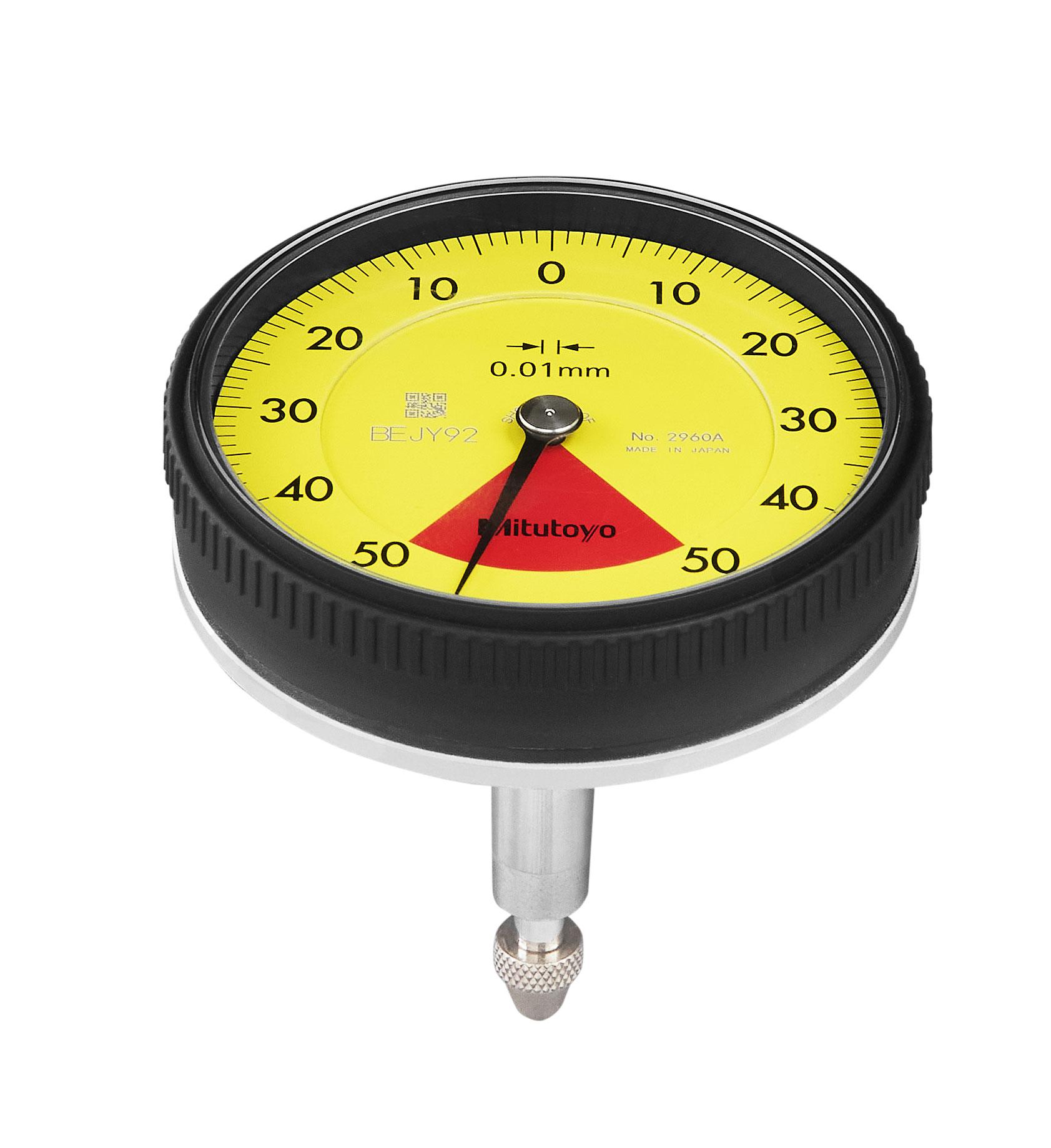 Mitutoyo, 2960A, 0.01mm,  1mm/1.27mm Back Plunger Dial Indicator, 50-0-50, Series 2, 8mm stem, One Rev, Shockproof