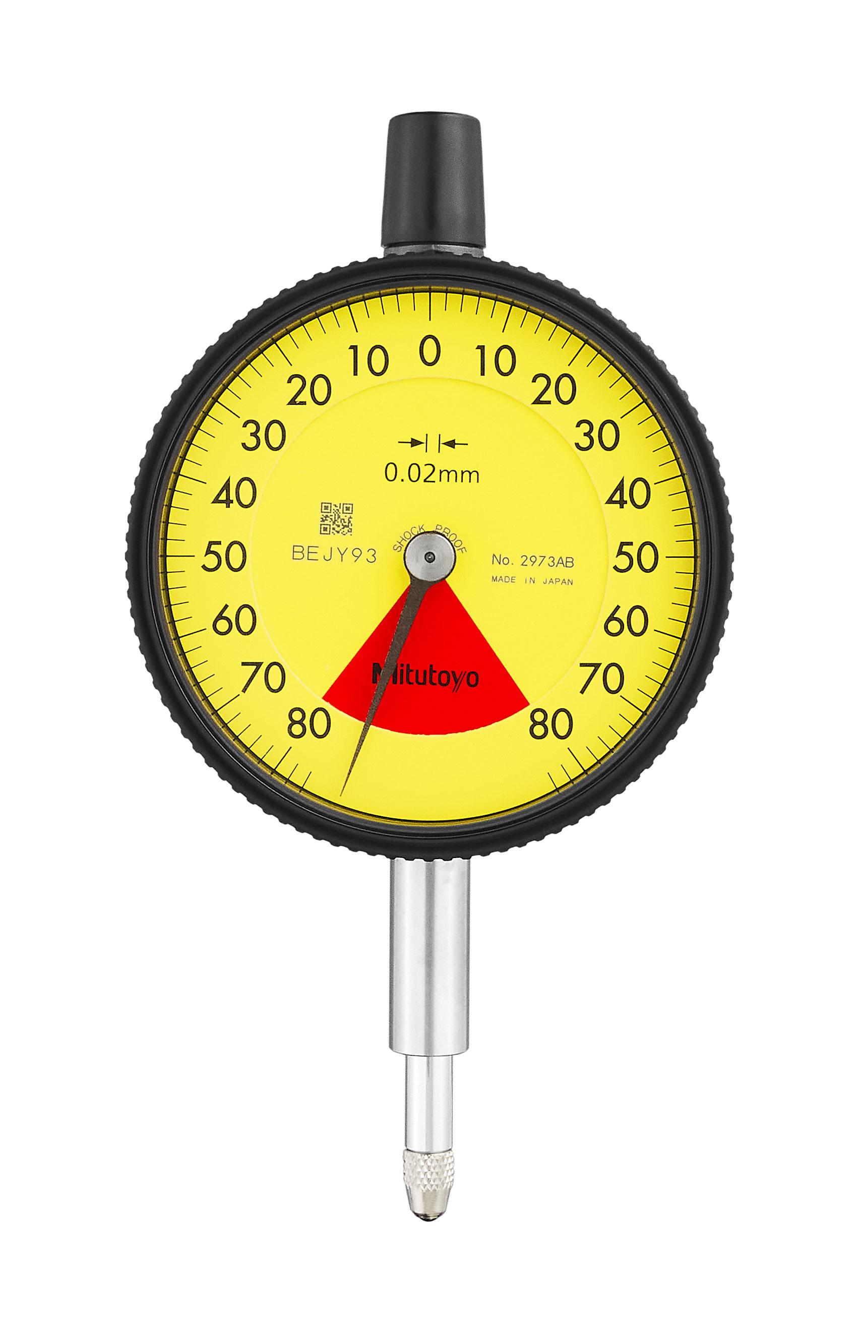 Mitutoyo, 2973AB, Dial Indicator, standard one revolution type for error-free reading, 0.02mm graduation, 1.6mm/2mm range/full stroke, 80-0-80, +/-0.016mm accuracy, .4-1.4N, flat-back 