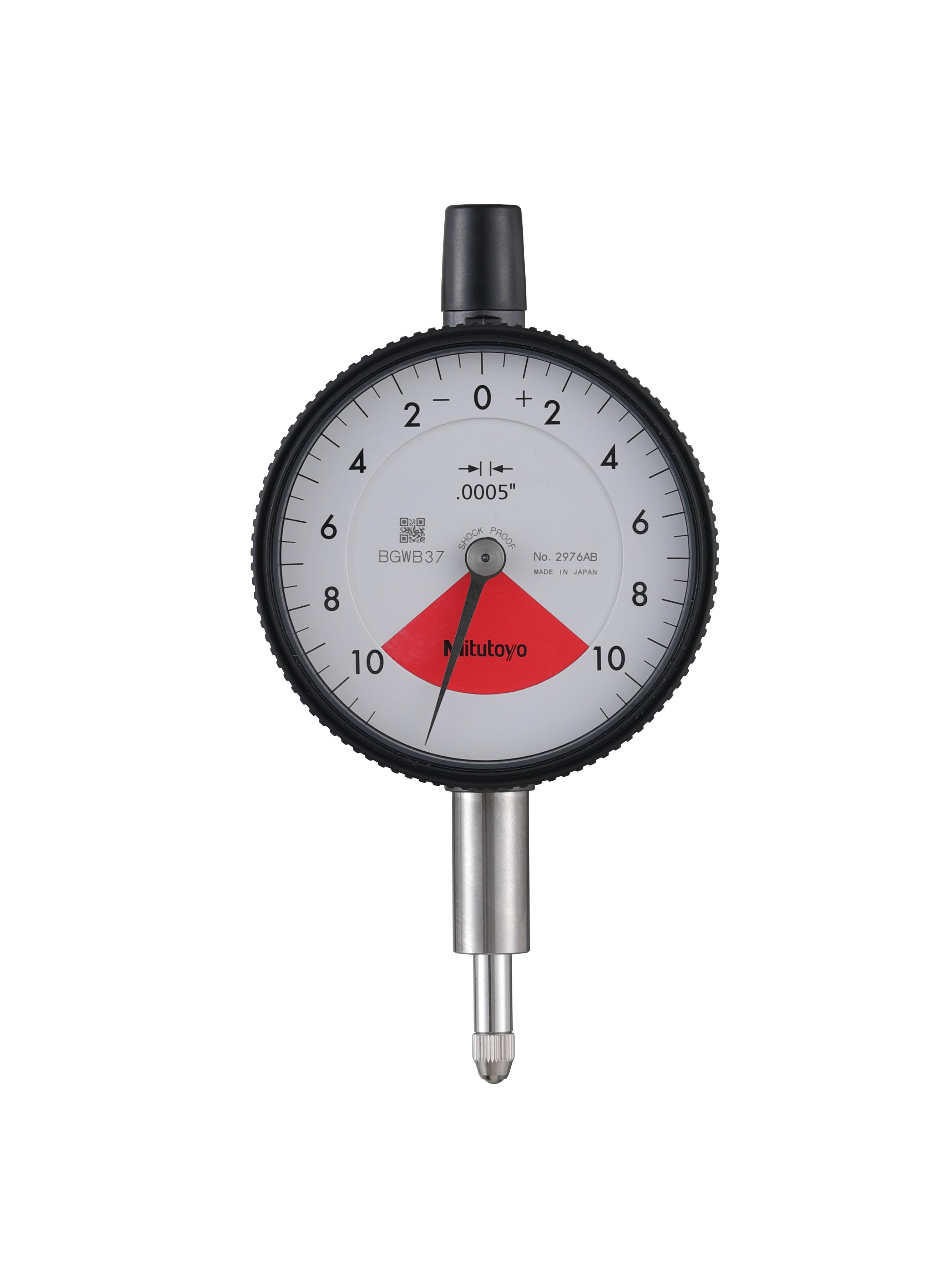 Mitutoyo, 2976AB, .0005 In, .02 In/.028 In  Dial Indicator, 10-0-10, Flat Back, 3/8 In stem , Series 2, One Rev, Shockproof, Dustproof
