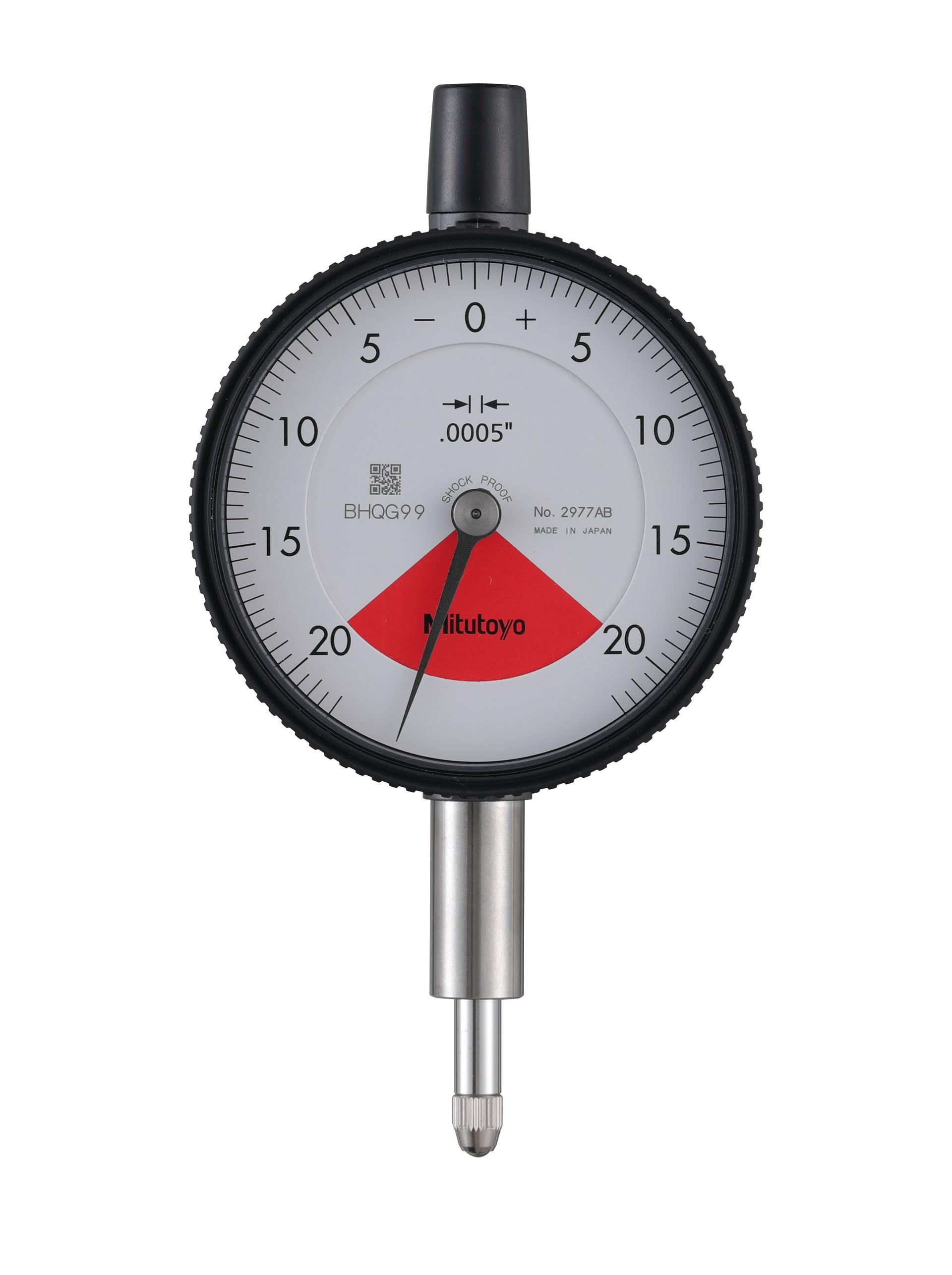 Mitutoyo, 2977AB, .0005 In, .04 In/.055 In  Dial Indicator, 20-0-20, Flat Back, 3/8 In stem , Series 2, One Rev, Shockproof, Dustproof