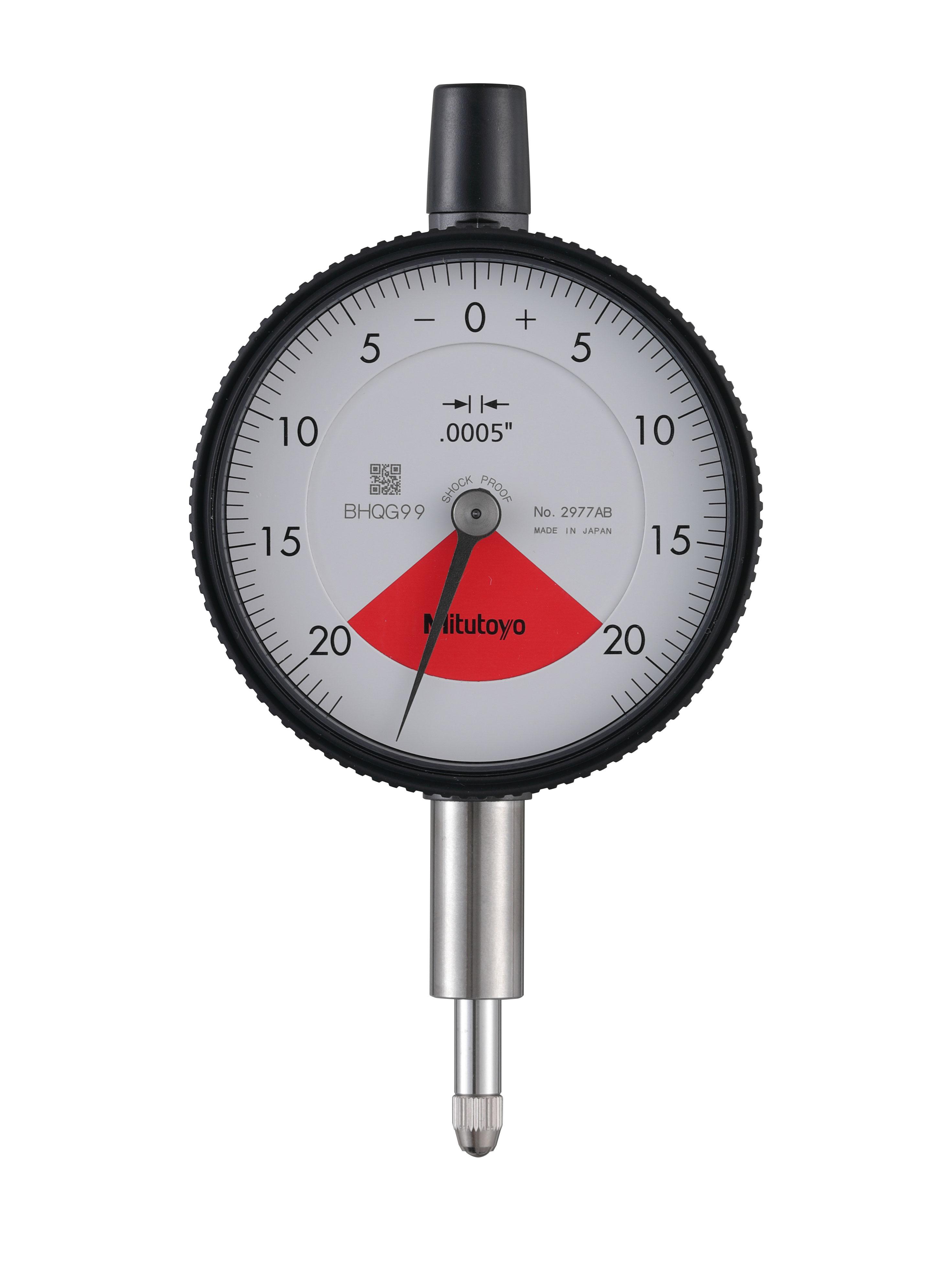Mitutoyo, 2977AB, .0005 In, .04 In/.055 In  Dial Indicator, 20-0-20, Flat Back, 3/8 In stem , Series 2, One Rev, Shockproof, Dustproof