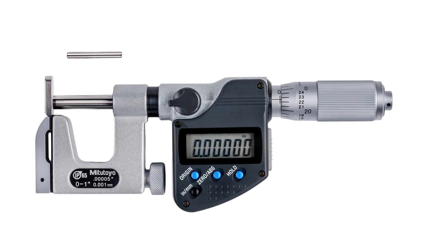 Mitutoyo, 317-351-30, 0-1 In/0-25.4mm, .00005 In/0.001mm IP65 Uni-Mike Digimatic Interchangeable Anvil Micrometer, With SPC Data Output, Friction Thimble, Flat and Rod Anvils Included
