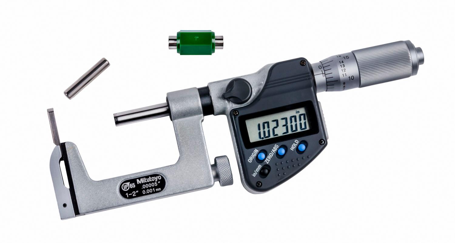 Mitutoyo, 317-352-30, 1-2 In/25.4-50.8mm, .00005 In/0.001mm IP65 Uni-Mike Digimatic Interchangeable Anvil Micrometer, With SPC Data Output, Friction Thimble, Flat and Rod Anvils Included, With Standard