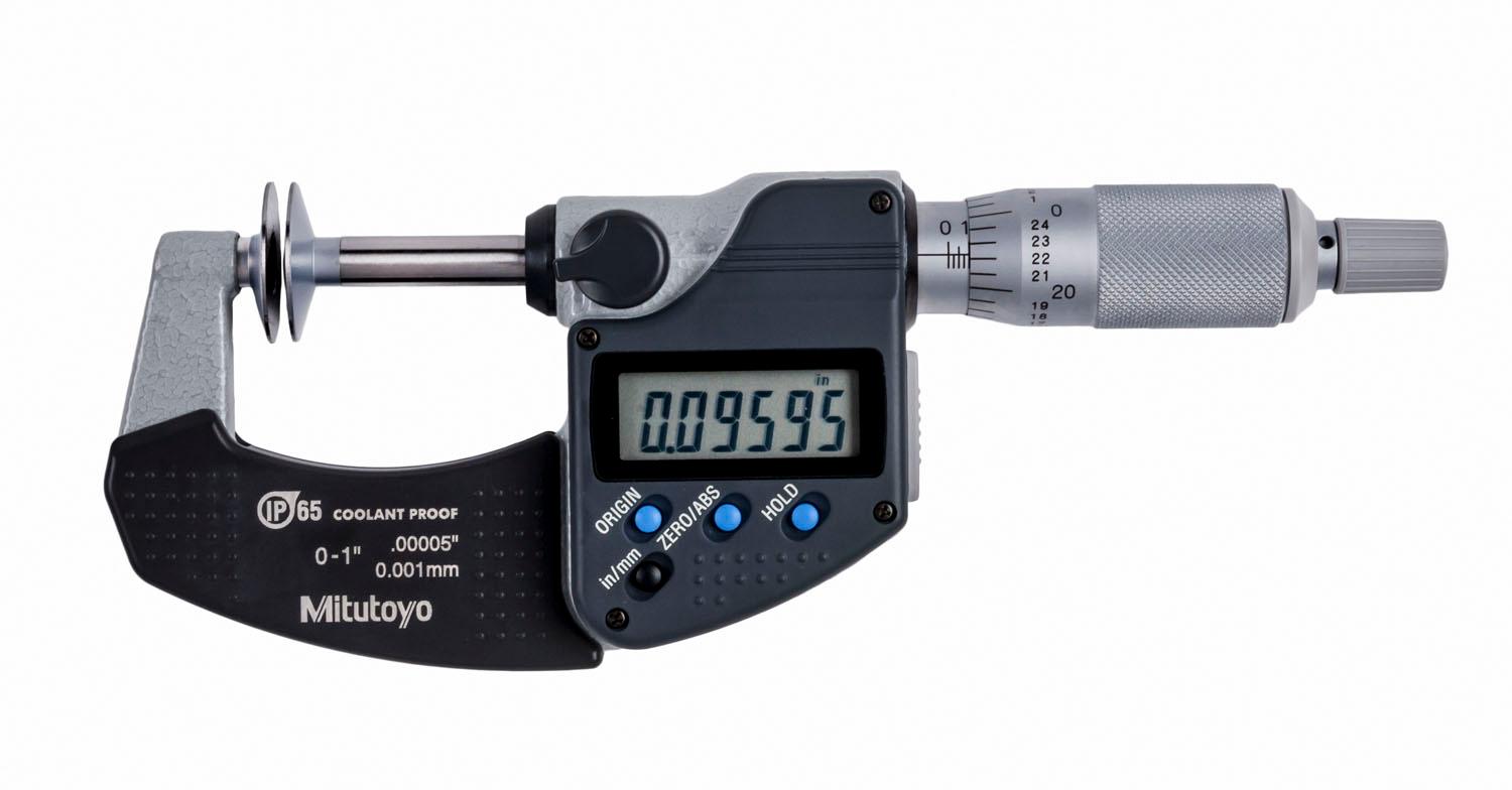 Mitutoyo, 323-350-30, 0-1 In/0-25.4mm, .00005 In/0.001mm IP65 Digimatic Disk Micrometer, .787 In/20mm Diameter .028 In/0.7mm Edge Thickness Disk, With SPC Data Output, Ratchet Stop