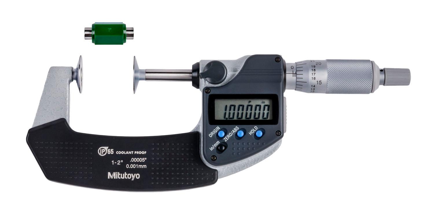 Mitutoyo, 323-351-30, 1-2 In/25.4-50.8mm, .00005 In/0.001mm IP65 Digimatic Disk Micrometer, .787 In/20mm Diameter .028 In/0.7mm Edge Thickness Disk, With SPC Data Output, Ratchet Stop, With Standard