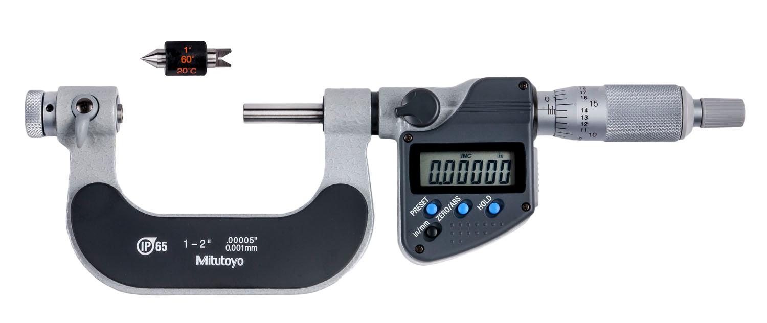 Mitutoyo, 326-352-30, 1-2 In/25.4-50.8mm, .00005 In/0.001mm IP65 Digimatic Screw Thread Micrometer, With SPC Data Output, Ratchet Stop, With Standard, Optional Anvils Available