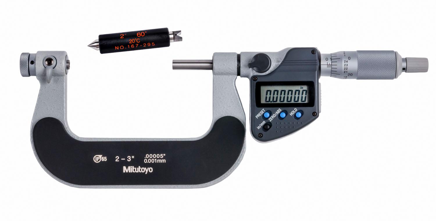 Mitutoyo, 326-353-30, 2-3 In/50.8-76.2mm, .00005 In/0.001mm IP65 Digimatic Screw Thread Micrometer, With SPC Data Output, Ratchet Stop, With Standard, Optional Anvils Available