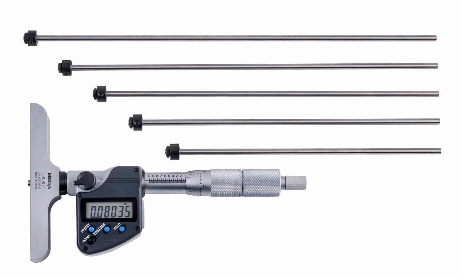 Mitutoyo, 329-350-30, 0-6 In/0-152.4, .00005 In/0.001mm Digimatic Depth Micrometer, 6 interchangeable rods (1 In/25.4mm increments), Rod Clamp, 4 In Base, With SPC Data Output, Ratchet Stop