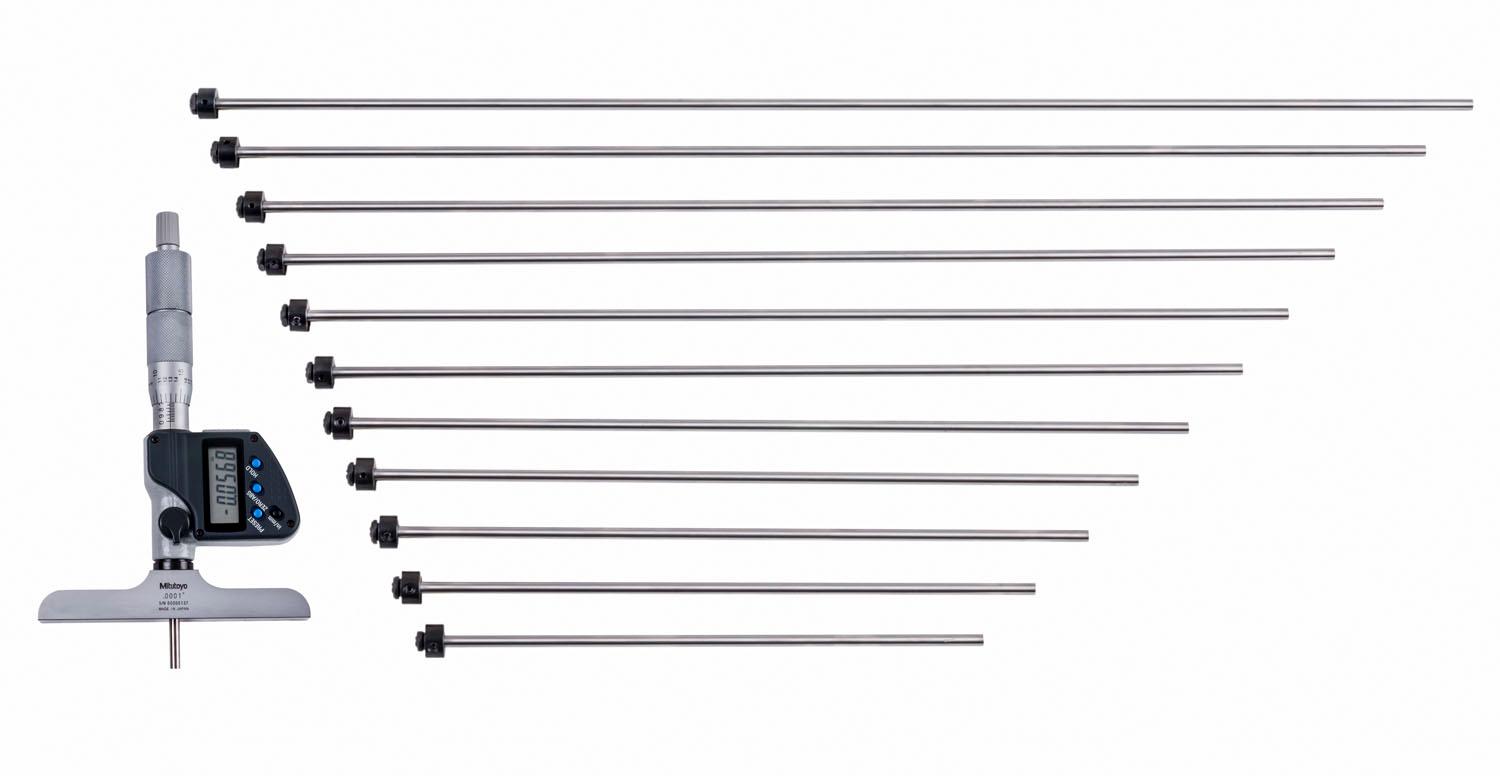 Mitutoyo, 329-351-30, 0-12 In/0-304.8, .00005 In/0.001mm Digimatic Depth Micrometer, 12 interchangeable rods (1 In/25.4mm increments), Rod Clamp, 4 In Base, With SPC Data Output, Ratchet Stop