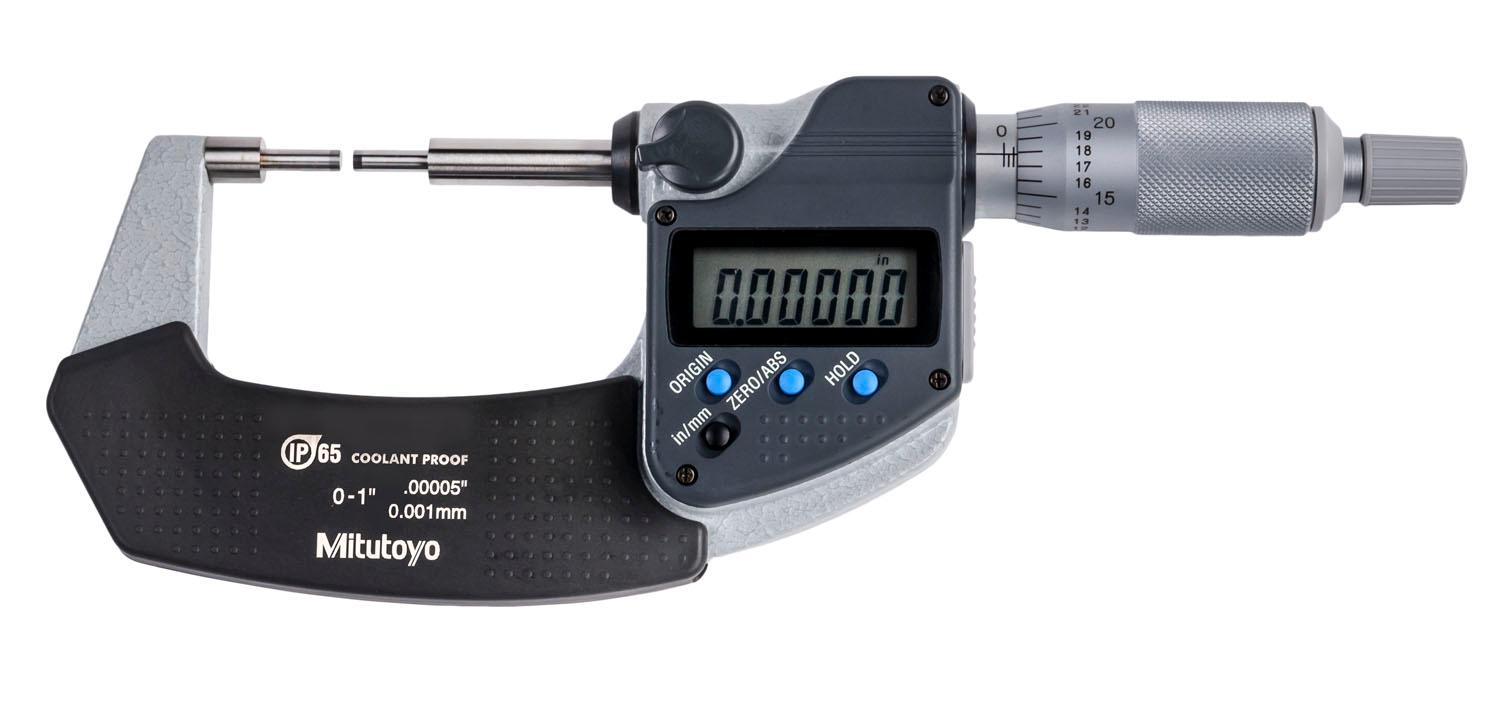 Mitutoyo, 331-351-30, 0-1 In/0-25.4mm, .00005 In/0.001mm Digimatic Spline Micrometer, 3mm Diameter Spline, Carbide Steel Tip, With SPC Data Output, Ratchet Stop