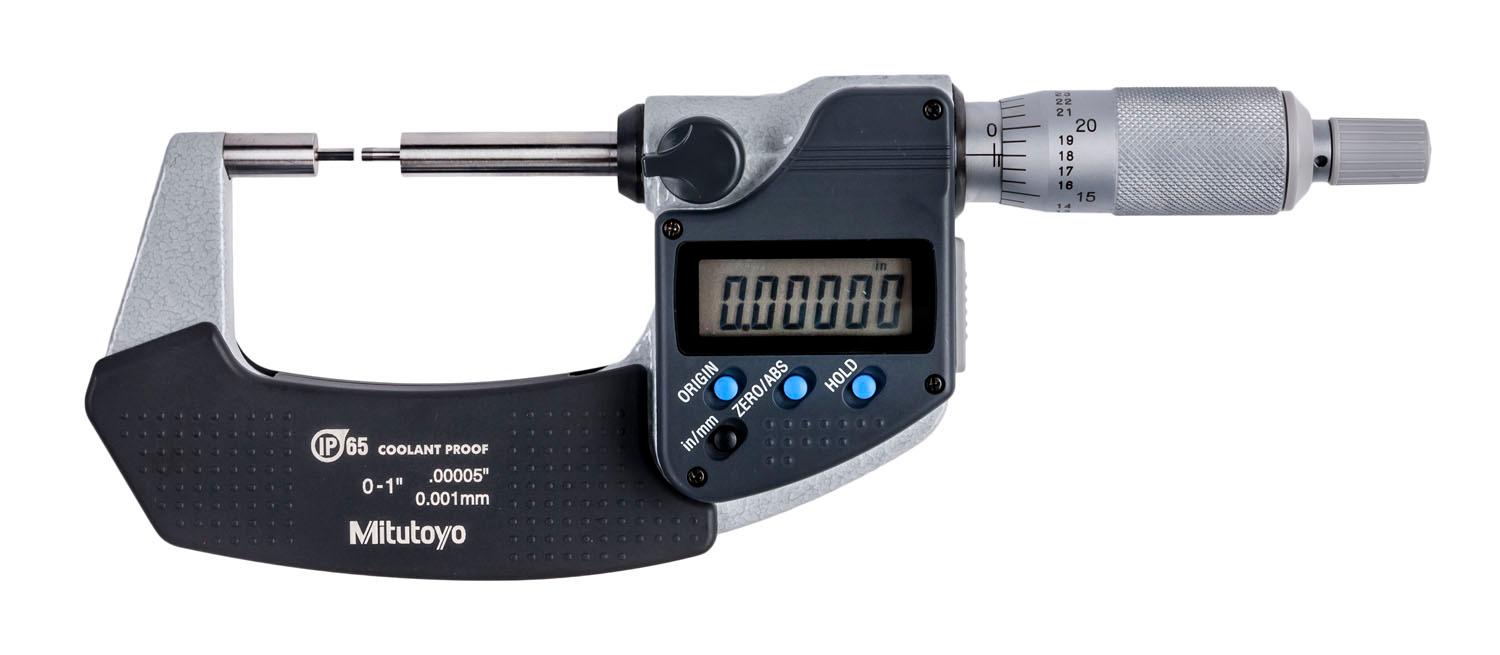 Mitutoyo, 331-361-30, 0-1 In/0-25.4mm, .00005 In/0.001mm Digimatic Spline Micrometer, 2mm Diameter Spline, Carbide Steel Tip, With SPC Data Output, Ratchet Stop