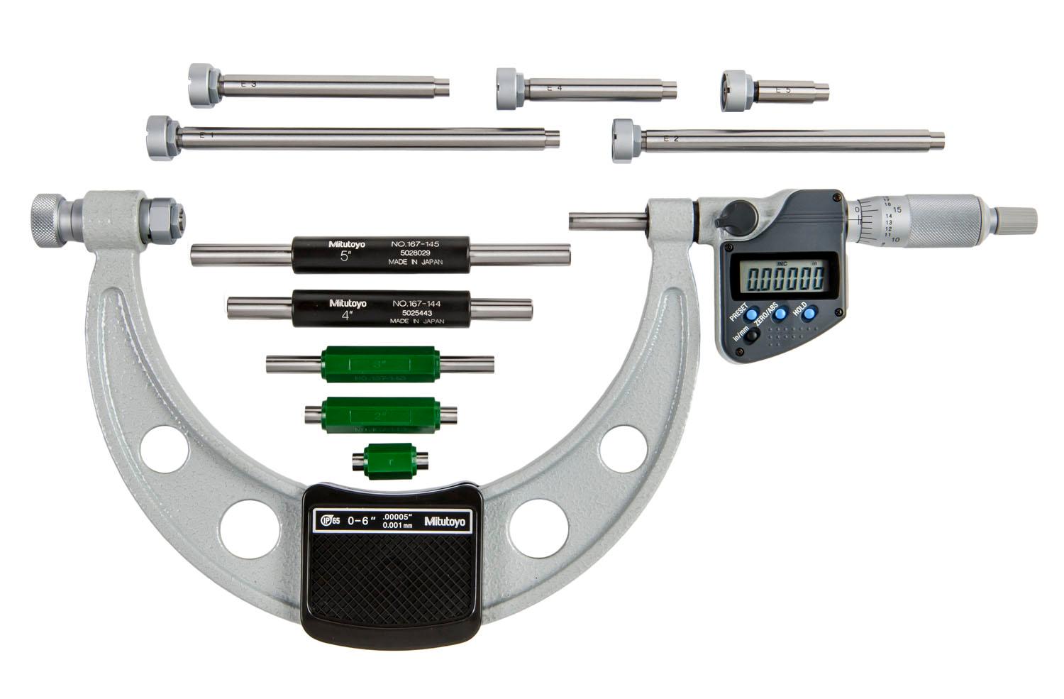 Mitutoyo, 340-351-30, 0-6 In/0-152.4mm, .00005 In/0.001mm IP65 Digimatic Interchangeable Anvil Micrometer, With 6 Anvils and 5 Standards, With SPC Data Output, Ratchet Stop