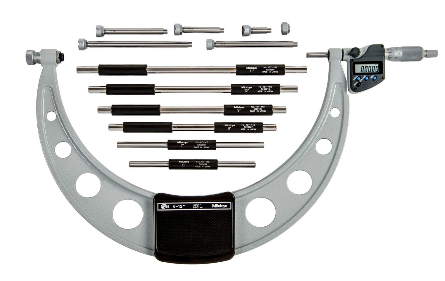 Mitutoyo, 340-352-30, 6-12 In/152.4-304.8mm, .00005 In/0.001mm IP65 Digimatic Interchangeable Anvil Micrometer, With 6 Anvils and 6 Standards, With SPC Data Output, Ratchet Stop